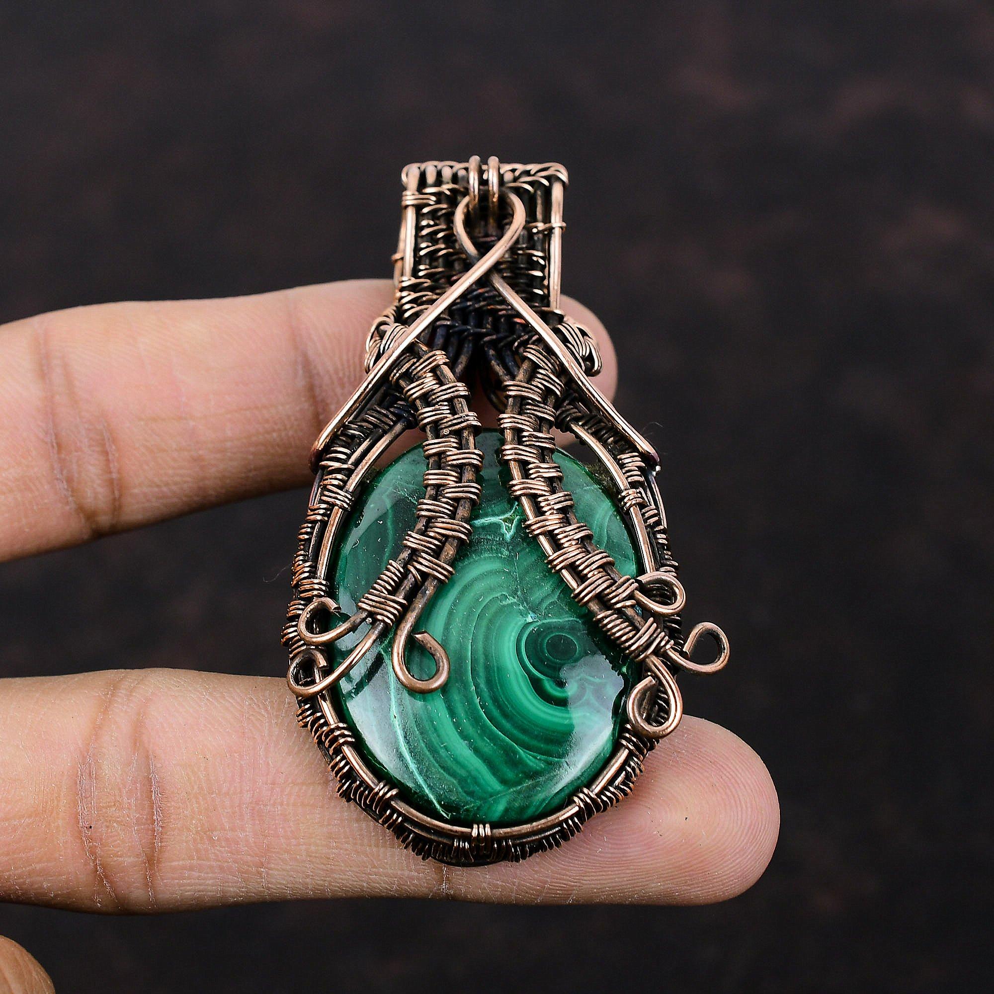 Подвеска из малахита, подвеска, обернутая медной проволокой, подвеска ручной работы, этнические украшения, подвеска из натурального драгоценного камня, украшения из медной проволоки, свадебный подарок