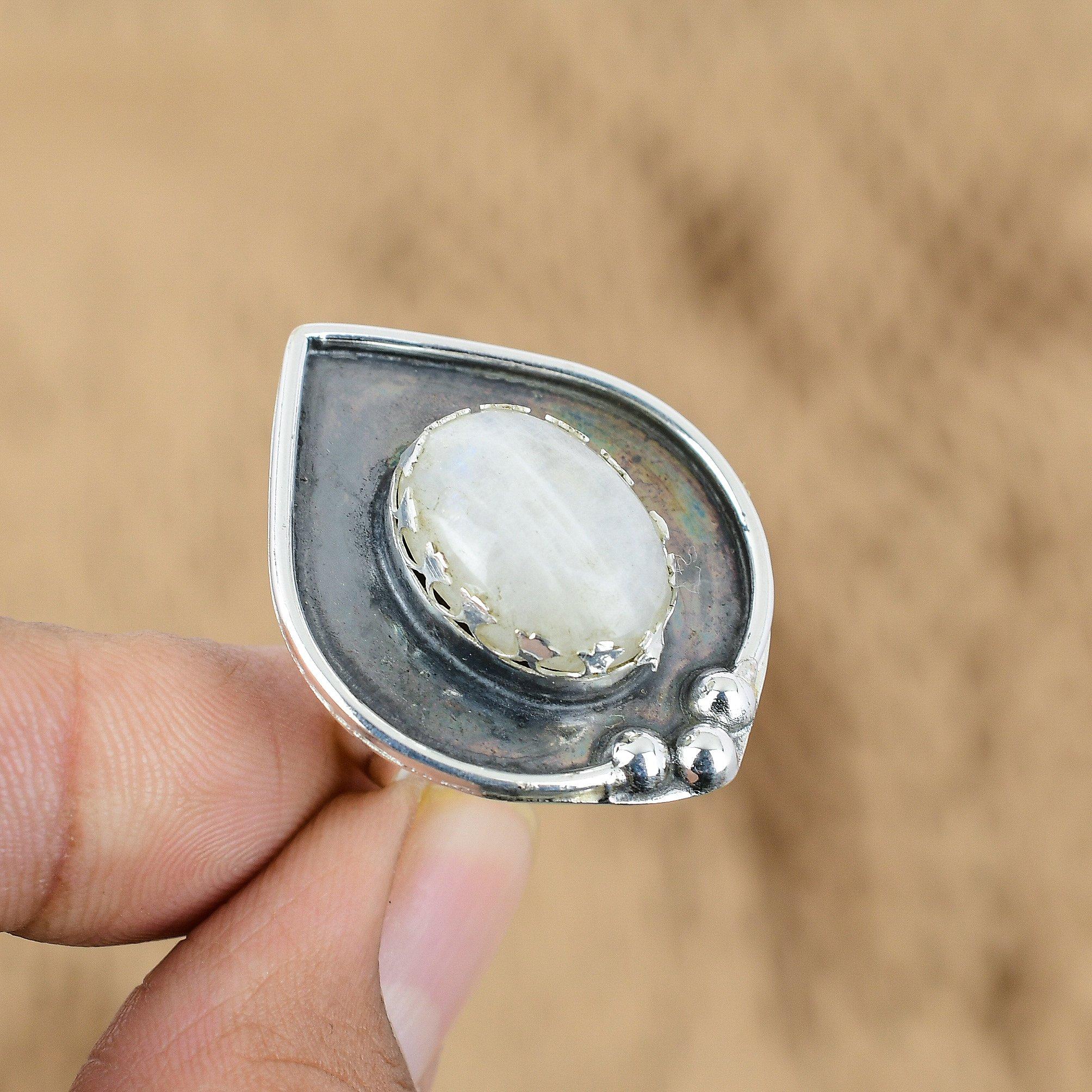 Natural Rainbow Moonstone Gemstone Promise White Adjustable Ring 925 Silver