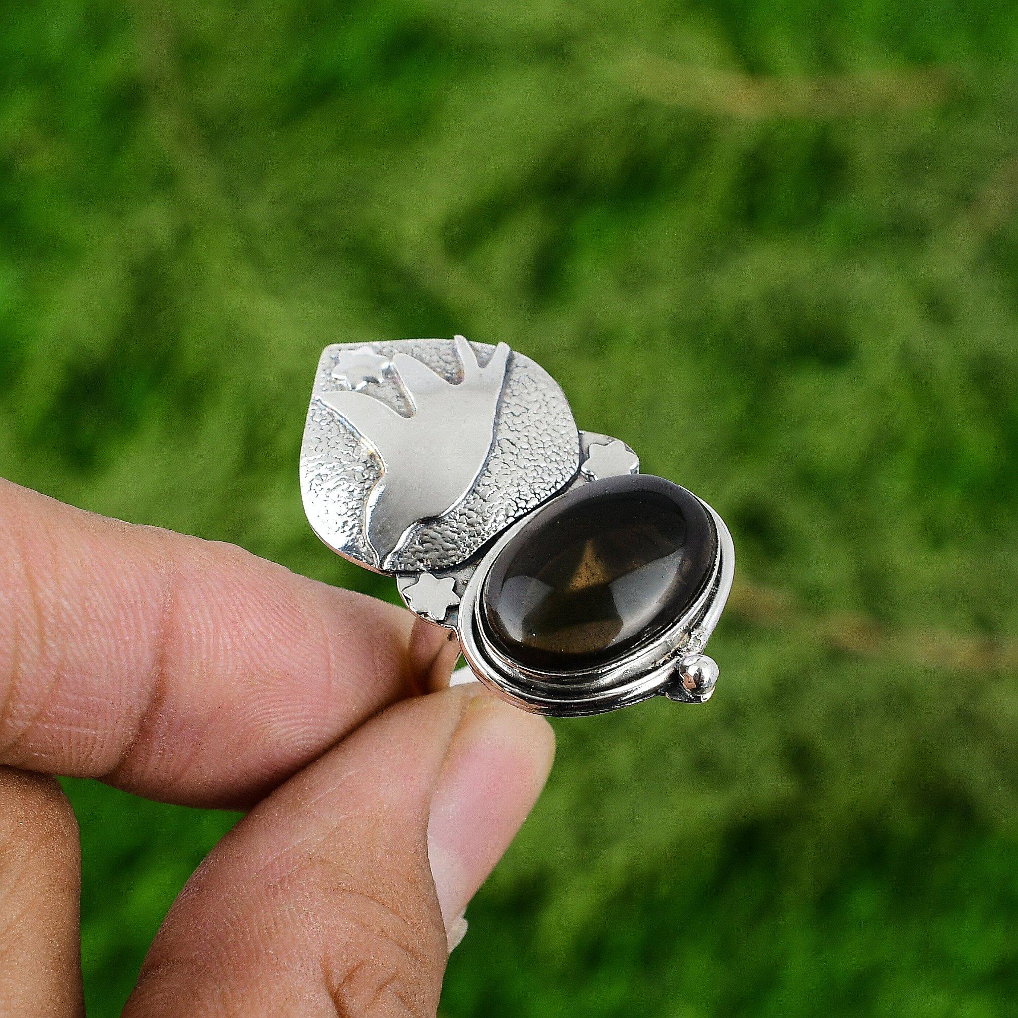 Natural Smoky Quartz Gemstone Solitaire Bird Brown Adjustable Ring 925 Silver