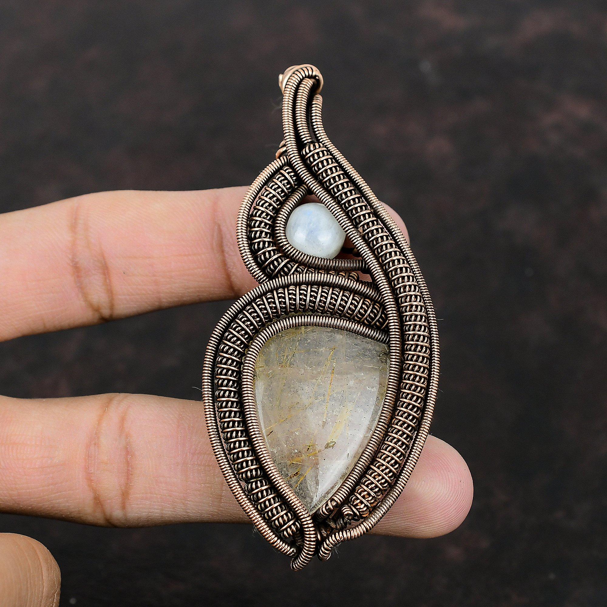 Золотой кулон с рутилом, медная проволока, кулон с драгоценным камнем, ювелирные изделия ручной работы, кулон с радужным лунным камнем, подарок для нее, медные украшения