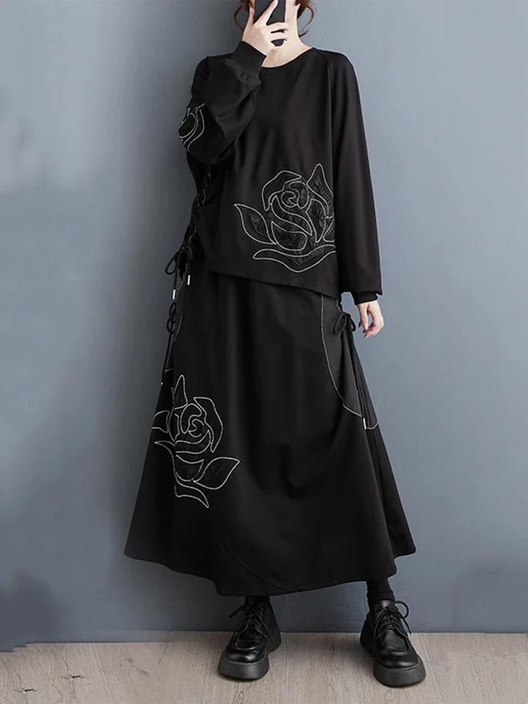 Xitao Casual Black Dress Sets Fashion Loose Top Skirt Two Pieces Sets Asymmetrical Draw String DMJ3107