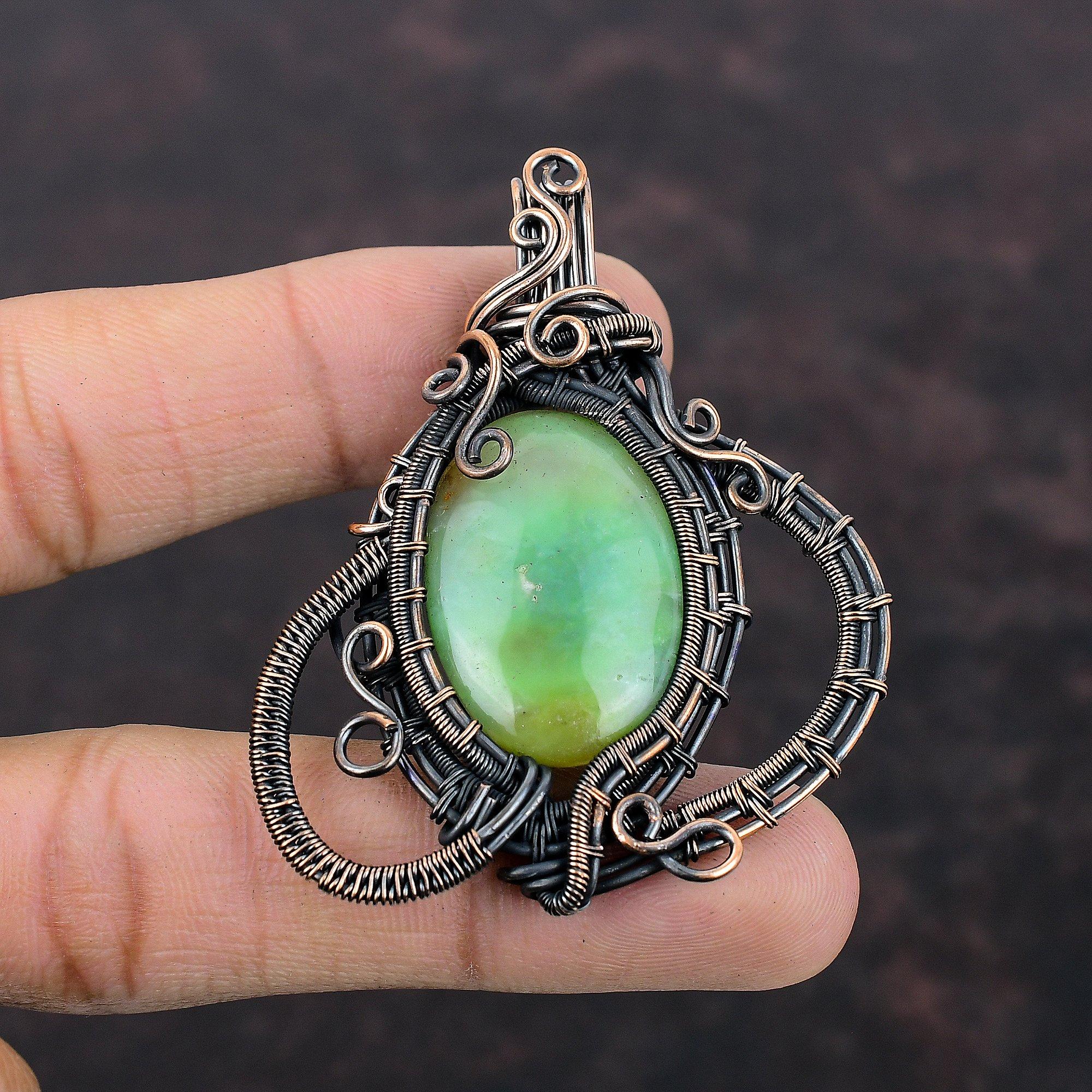 Подвеска из хризопраза, подвеска из драгоценного камня, подвеска из медной проволоки, антикварная медная бижутерия, подвеска ручной работы, ювелирное изделие из проволоки, подарок на День матери