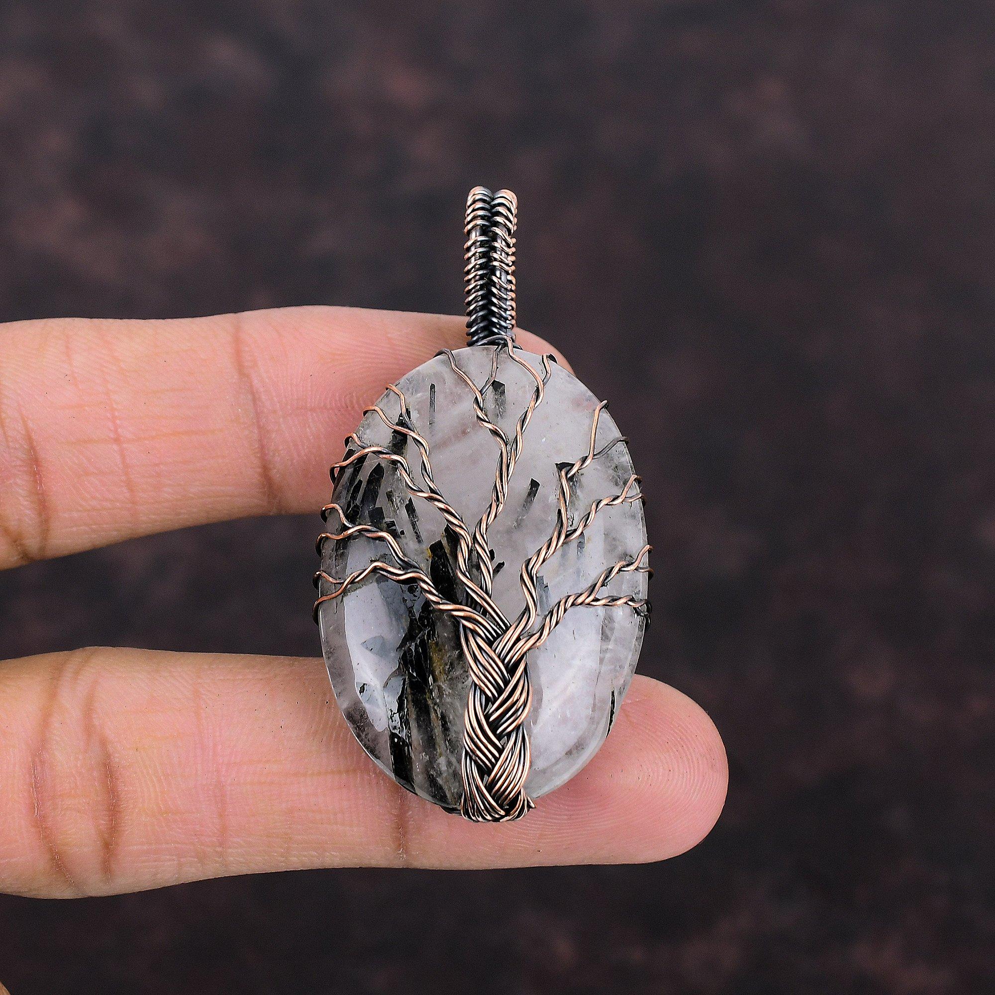 Подвеска из черного рутила «Дерево жизни», обернутая медной проволокой, ювелирное изделие из драгоценных камней, дизайнерская подвеска, ручная работа, обернутая проволокой, для подарков