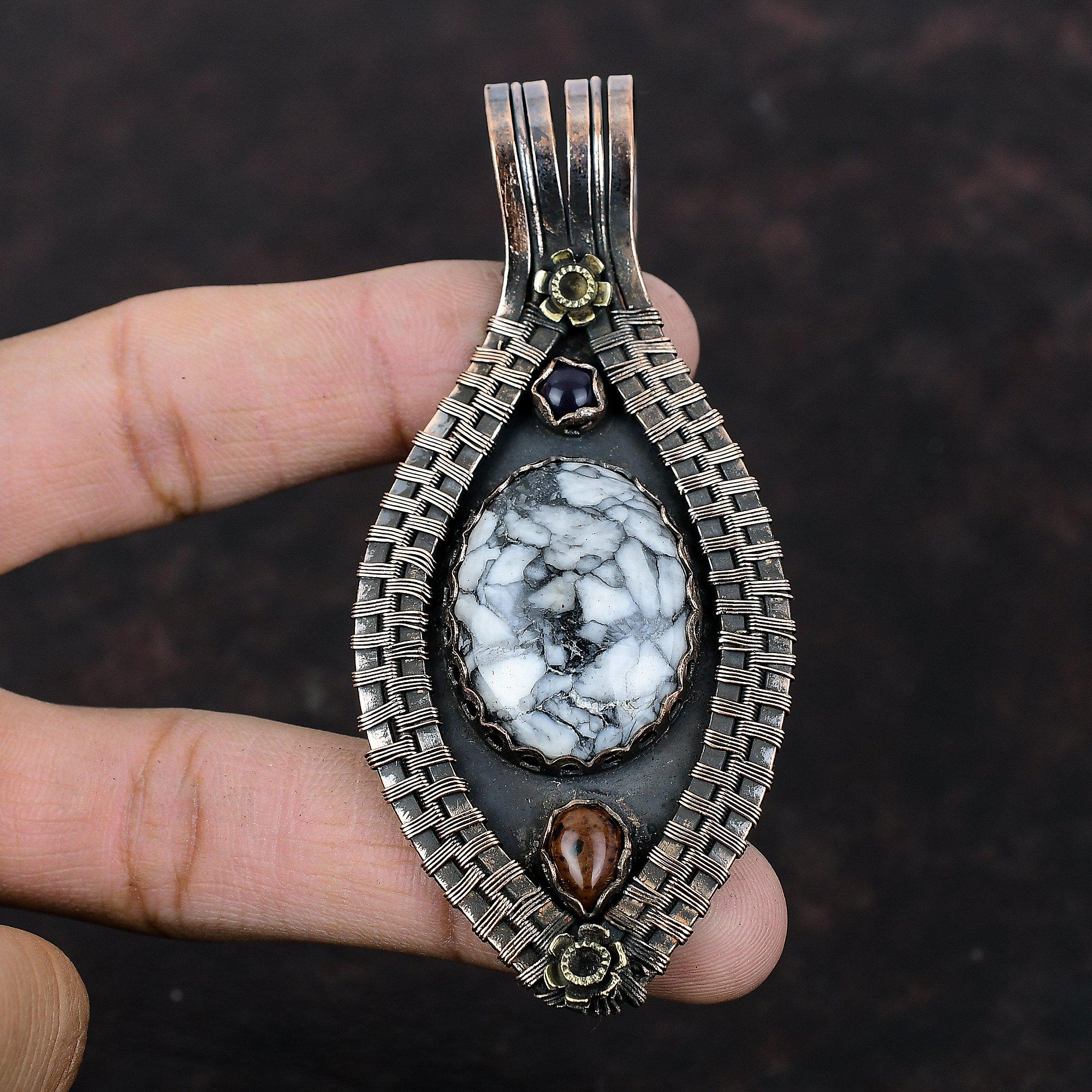 Подвеска из пинолита с яшмой, кулон из медной проволоки, кулон из красного дерева, обсидиана и синего солнечного камня, кулон ручной работы с драгоценным камнем, ювелирные изделия из медной проволоки