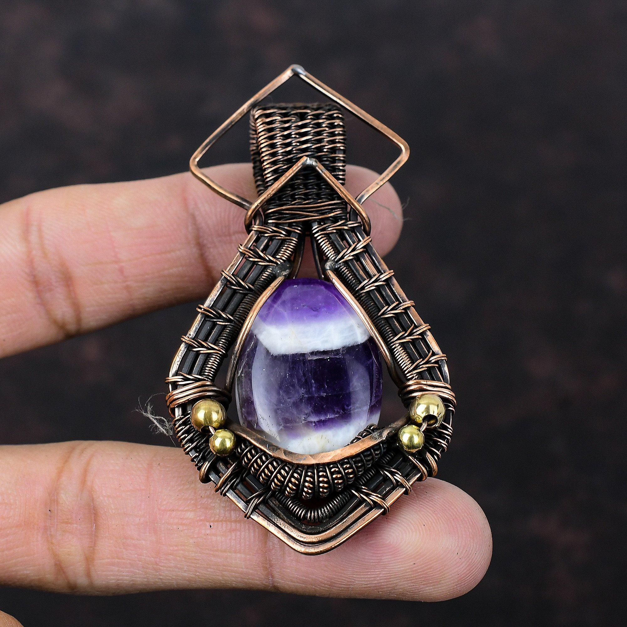 Подвеска из шевронного аметиста, обернутая медной проволокой, Подвеска из драгоценного камня, Этнические украшения, Подвеска ручной работы, Подарок для нее, Красивые медные украшения