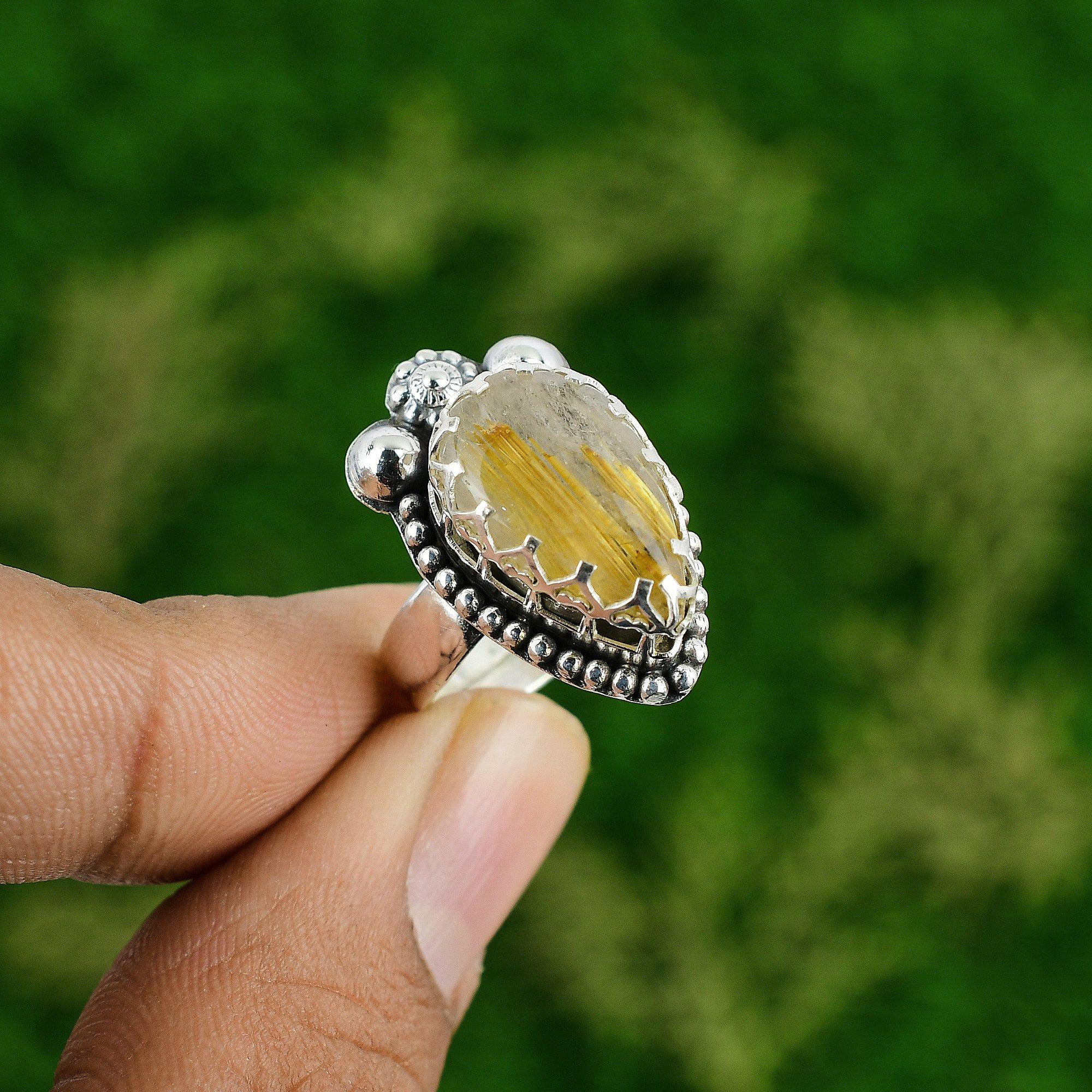 Natural Golden Rutile Gemstone Promise Adjustable Ring 925 Silver For Girls