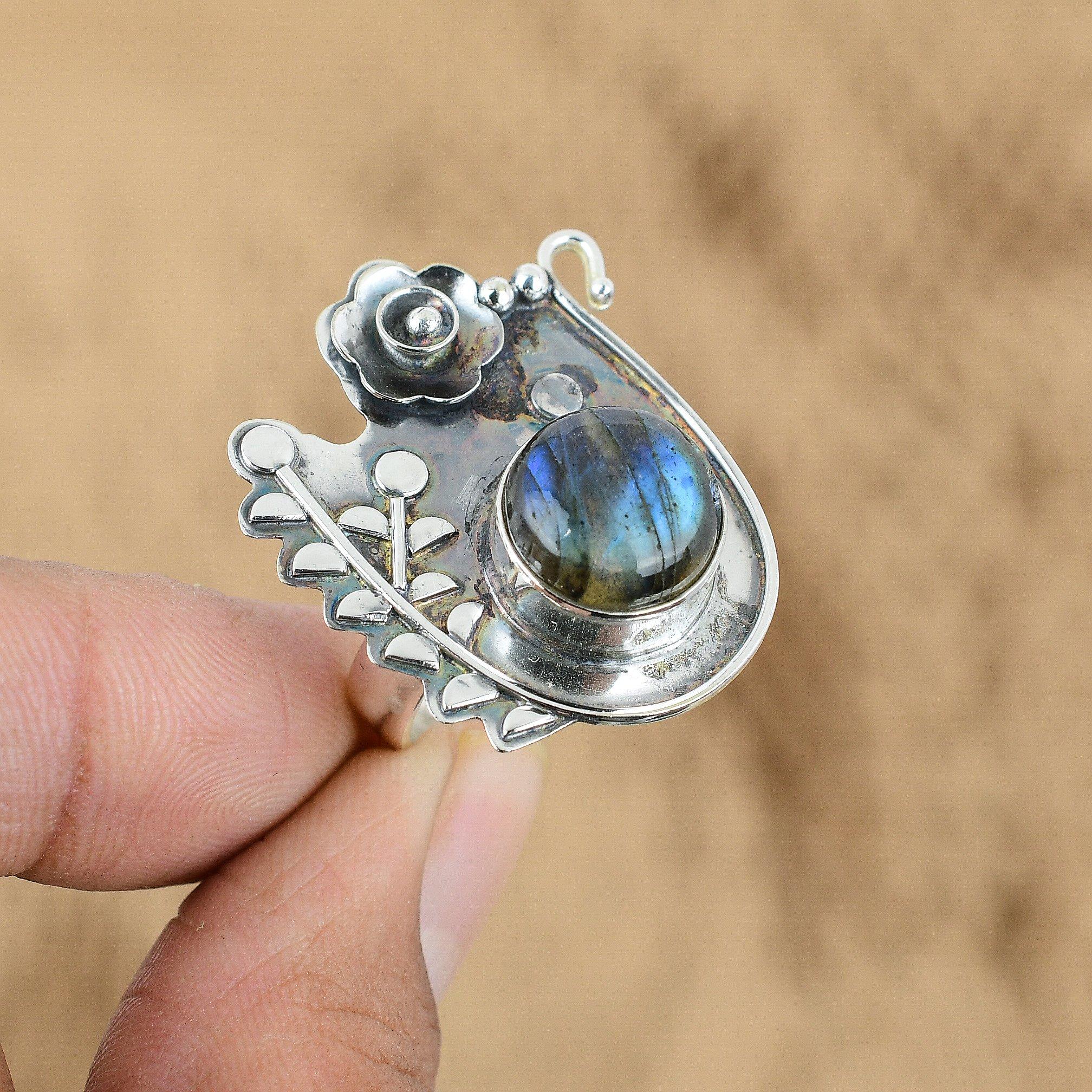 925 Sterling Silver Round Labradorite Gemstone Boho Flower Promise Ring Jewelry