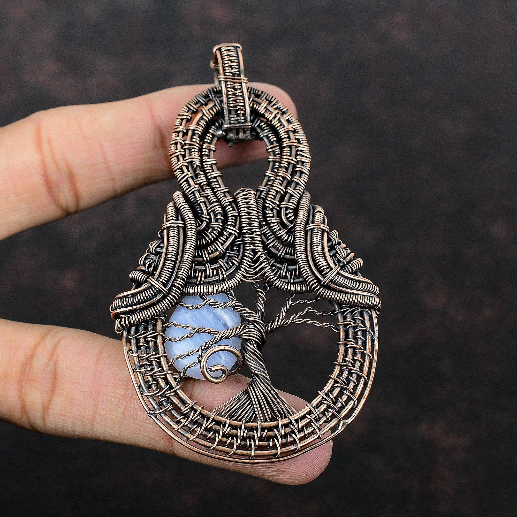 Подвеска из голубого кружевного агата «Дерево жизни», подвеска из медной проволоки, ручная работа, медные украшения, подвеска из драгоценных камней, подвеска из проволоки, подарок для матери