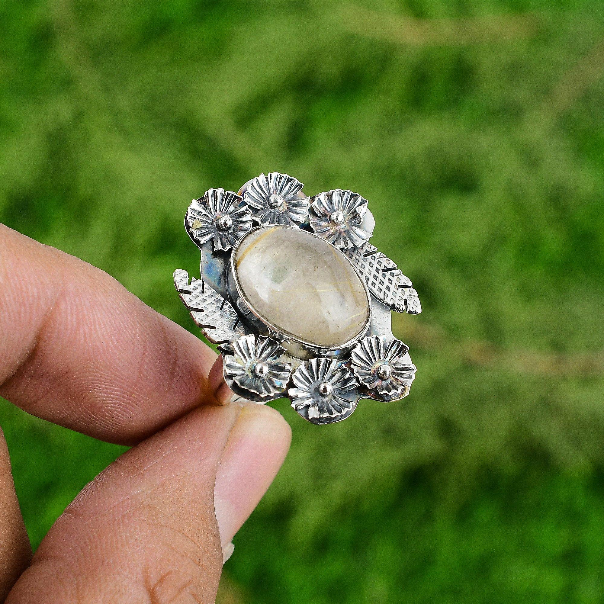 Gift For Her 925 Silver Natural Golden Rutile Multi Stone Flower Adjustable Ring