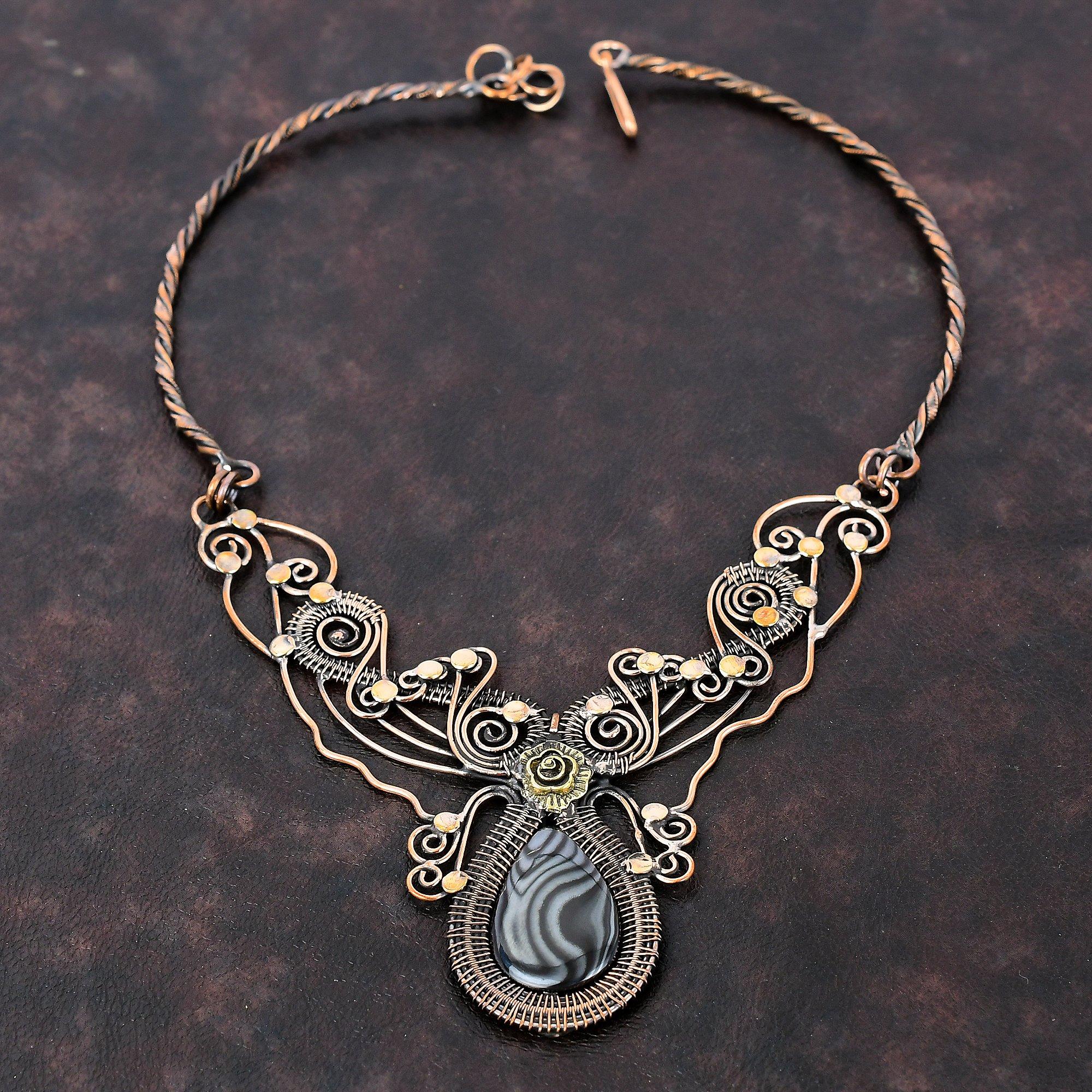 Ожерелье из псиломелана, ожерелье из медной проволоки, ожерелье ручной работы, регулируемое ожерелье, подарок для нее, ожерелье из драгоценных камней, изящные медные украшения