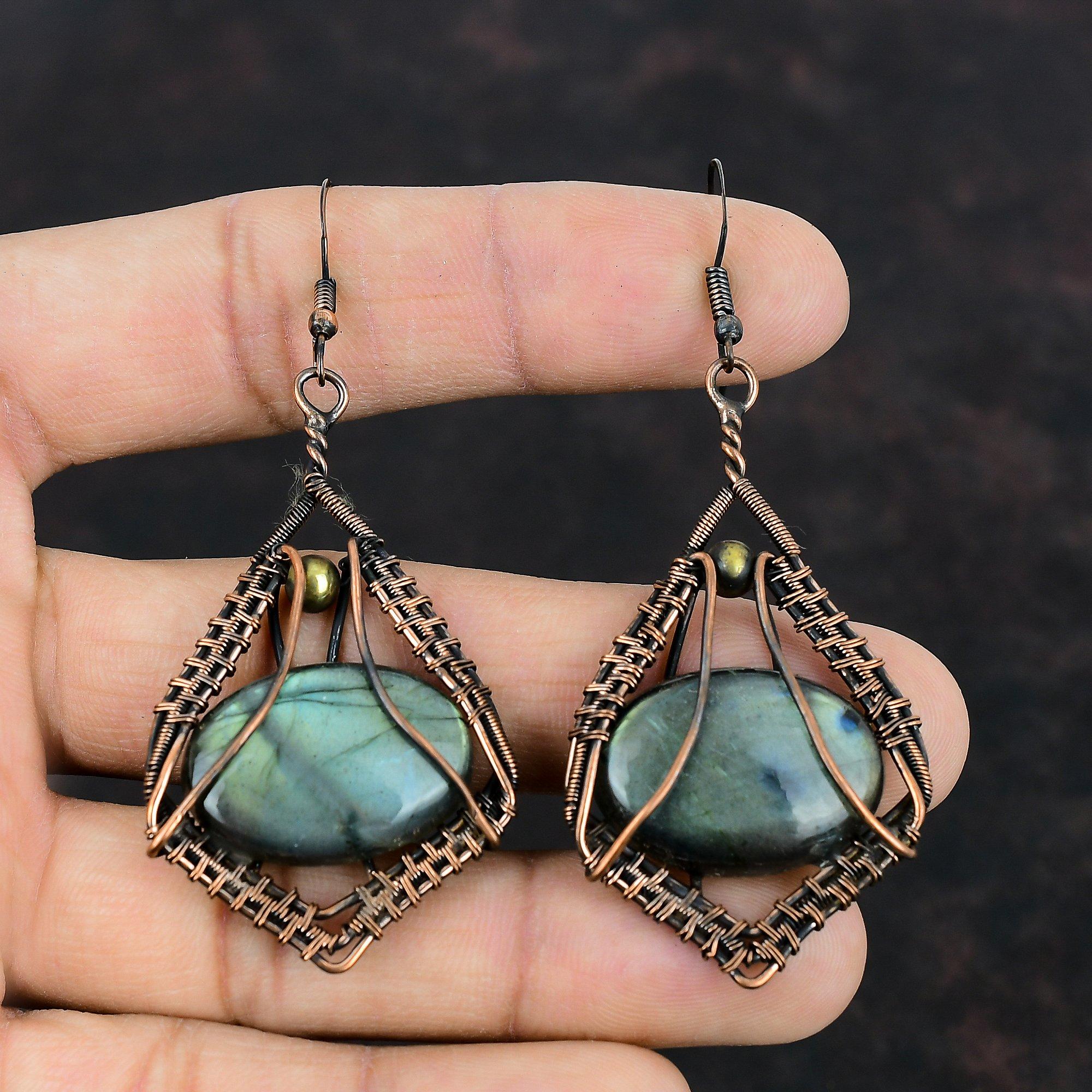 Медные серьги с лабрадоритом, ювелирные изделия из медной проволоки, серьги из натурального драгоценного камня, серьги ручной работы, обернутые проволокой, изысканные ювелирные изделия, подарки для нее