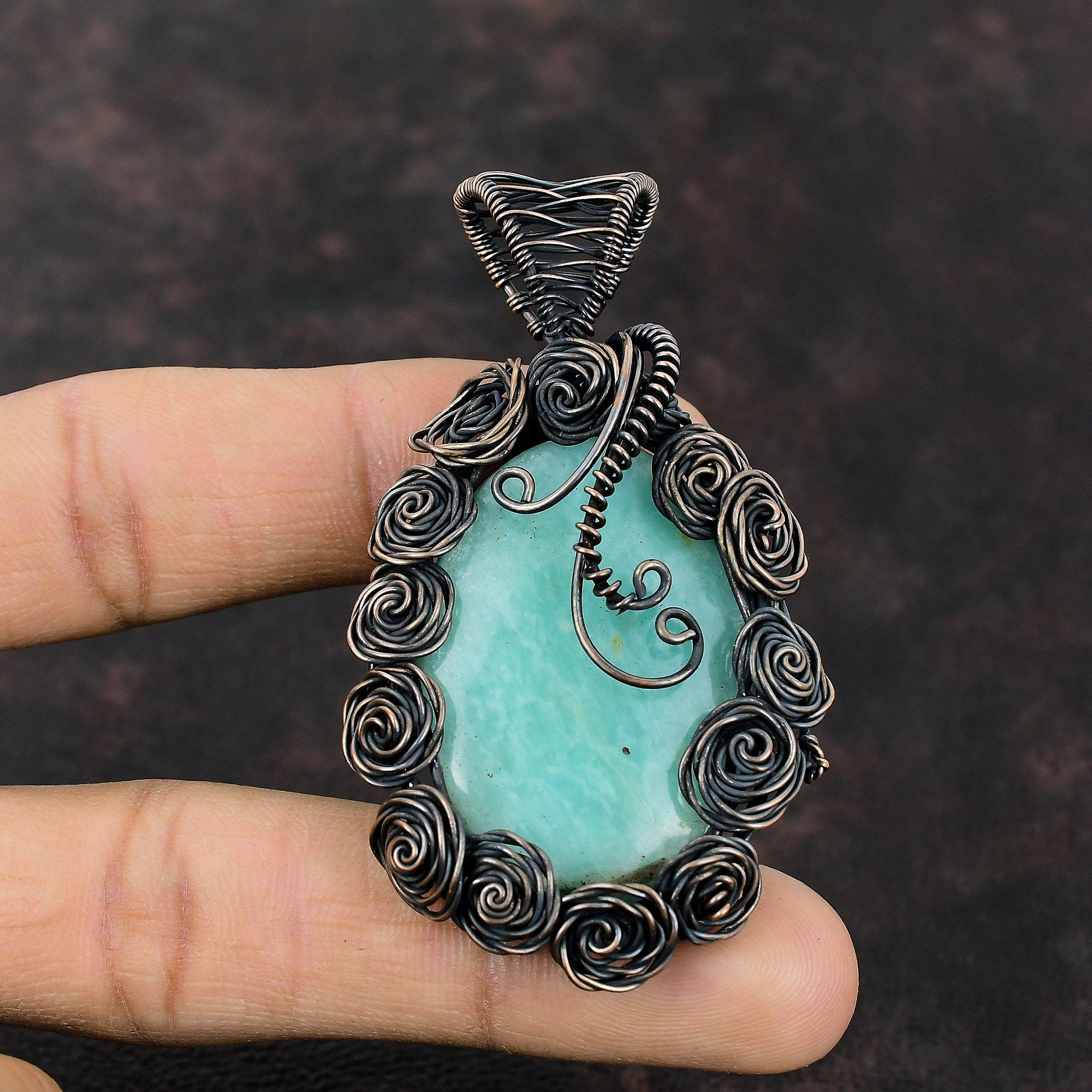 Медный кулон с амазонитом, кулон в проволочной обертке, кулон с драгоценным камнем, ювелирные изделия из проволочной обертки, кулон ручной работы, медные украшения для подарка, кулон с камнем по случаю рождения