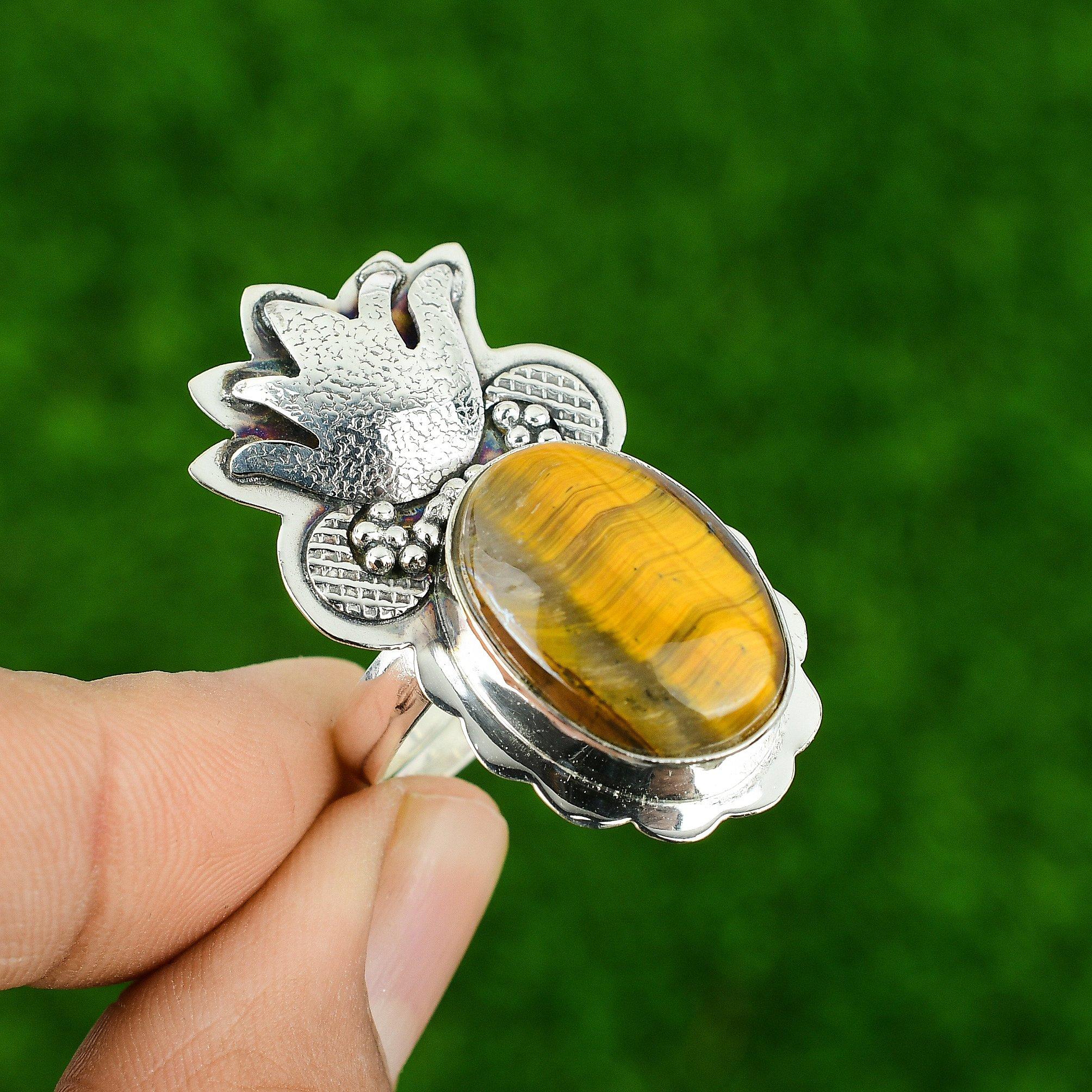 Sterling Silver Sacral Chakra Natural Tiger's Eye Trendy Statement Ring Jewelry