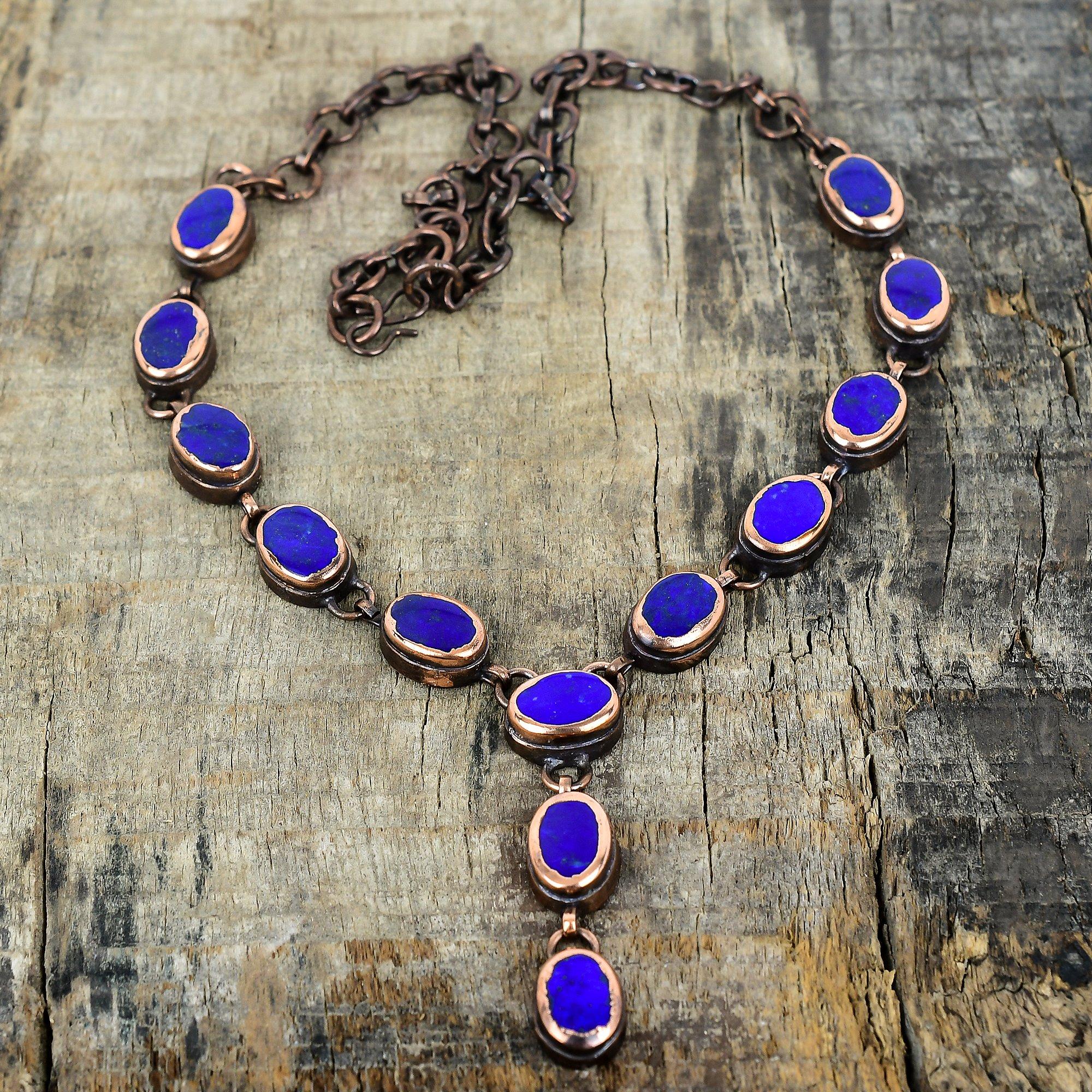 Lapis lazuli gemstone necklace electroformed copper necklace handmade jewelry adjustable chain necklace gifts for wife electroformed jewelry