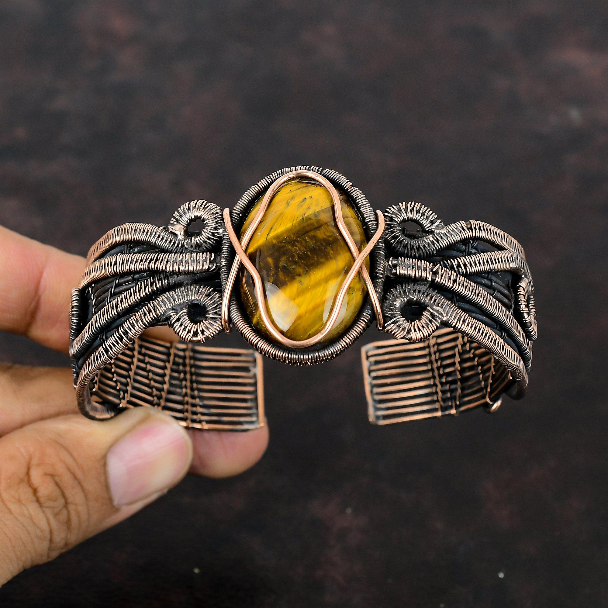 Браслет-манжета с тигровым глазом, браслет-манжета с драгоценным камнем, браслет из медной проволоки, регулируемый браслет-манжета, браслет ручной работы, свадебный подарок, медные украшения