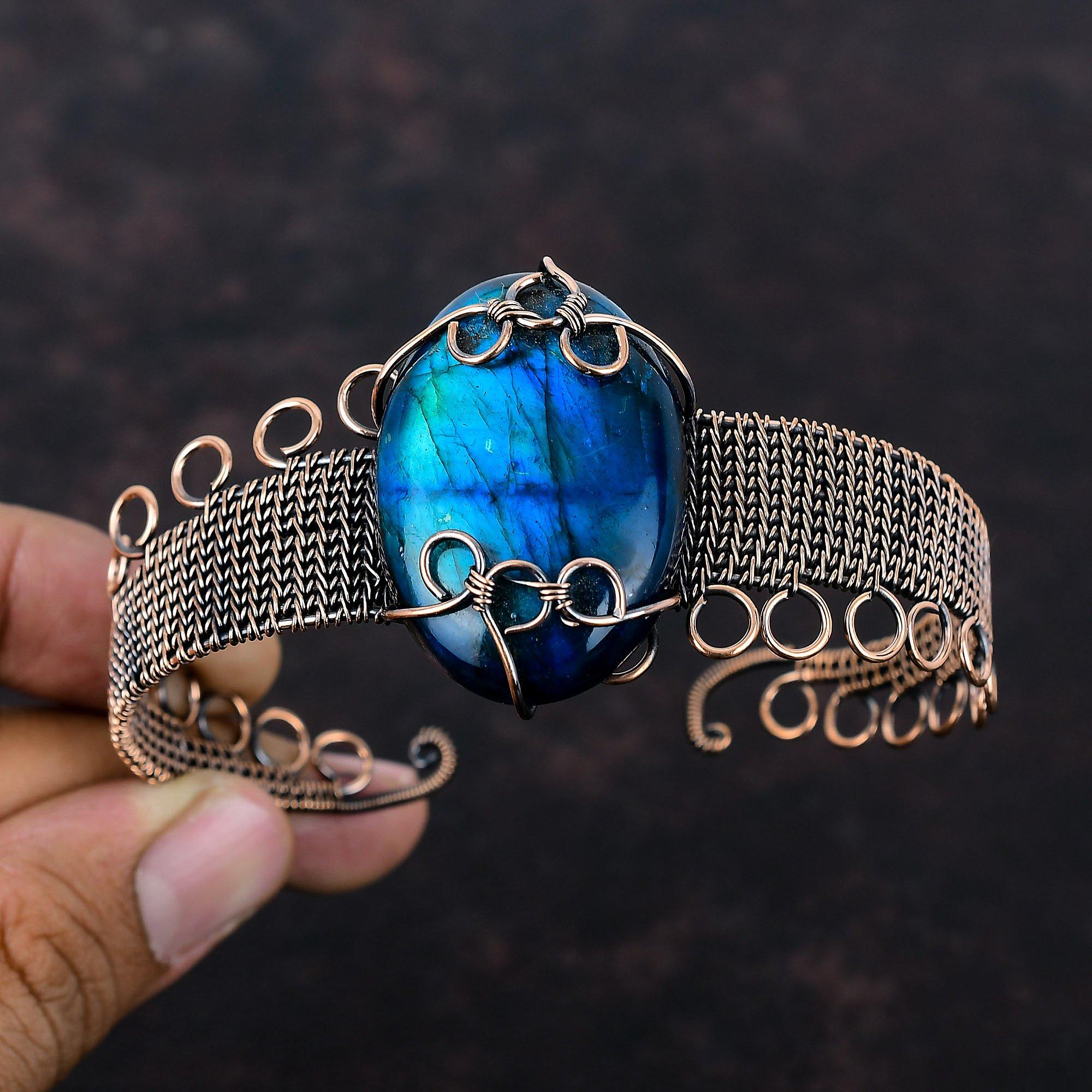 Неоновый браслет из лабрадорита с вспышкой, браслет из медной проволоки, регулируемый браслет-манжета, драгоценный камень, медные украшения, подарок для него, ювелирные изделия ручной работы из проволоки