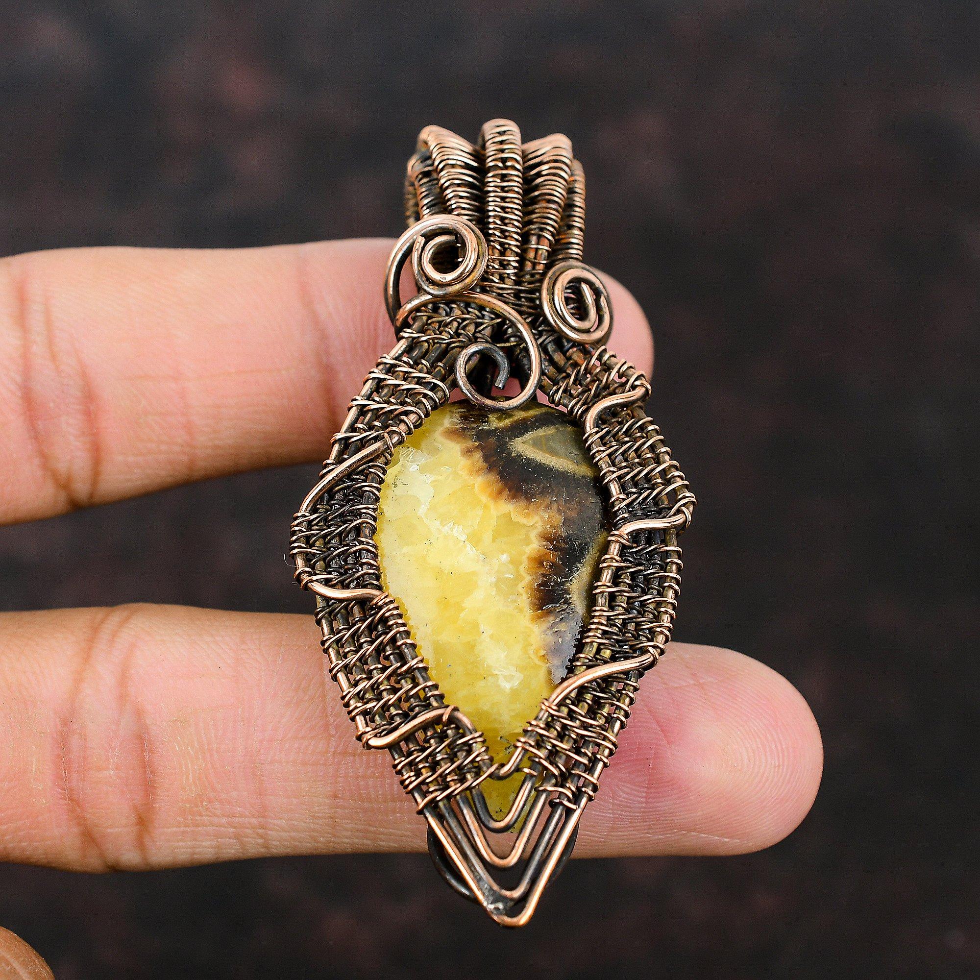 Септарианская медная подвеска, обернутая проволокой, ювелирное изделие с драгоценными камнями, дизайнерская медная бижутерия, подарок для матери, натуральные септарианские украшения для женщин