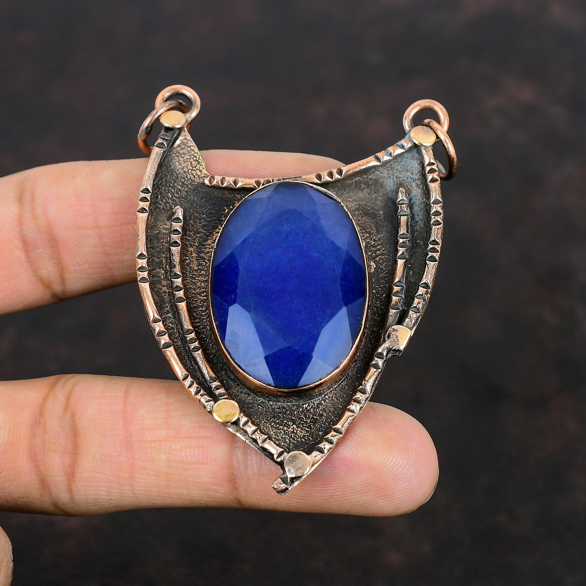 Ограненный Синий Сапфир Подвеска Медный Подвеска Подвеска из Натурального Драгоценного Камня Ювелирные Изделия Ручной Работы Подвеска Новейшего Дизайна Медные Ювелирные Изделия Подарок На Годовщину
