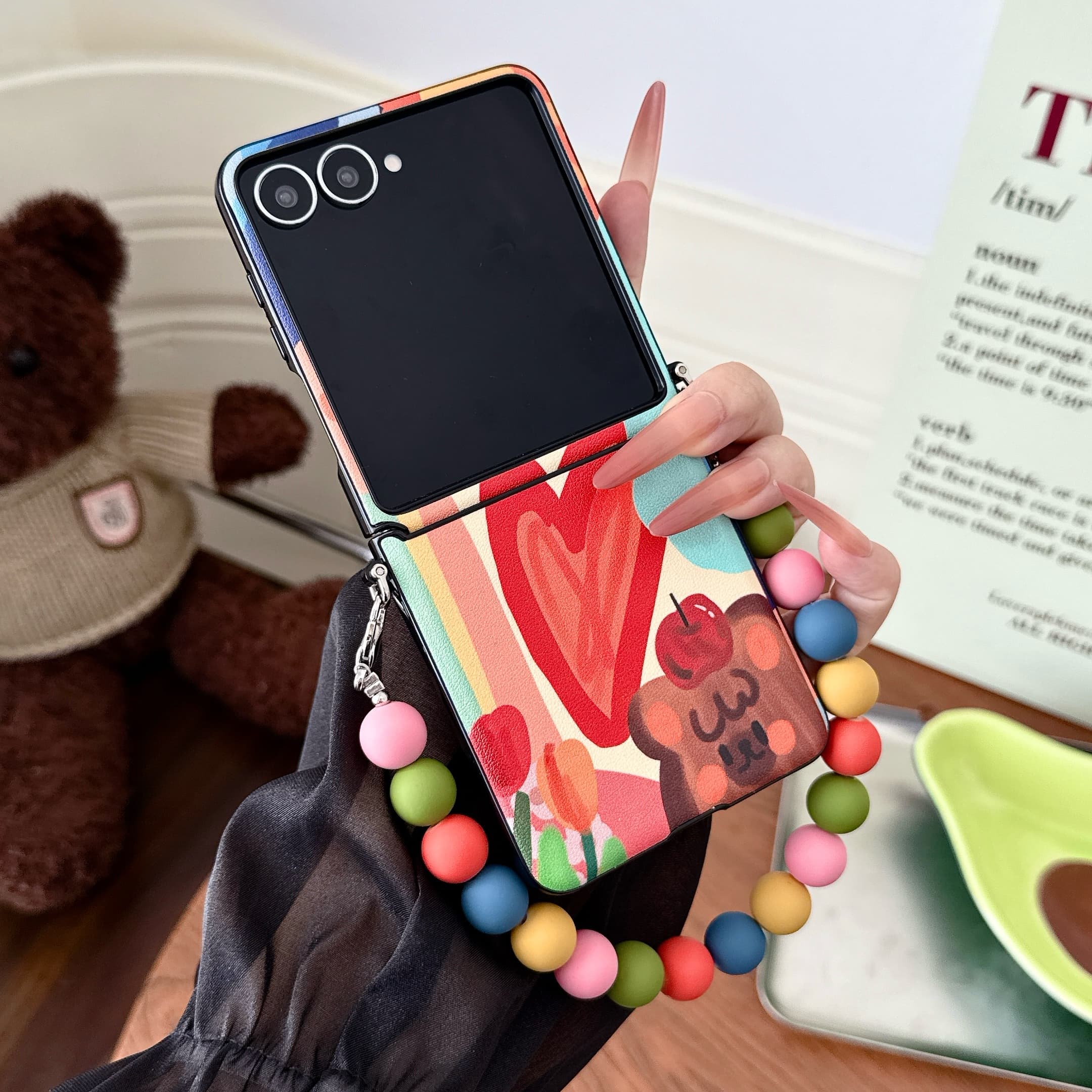 Cartoon Print Case for Samsung Galaxy Z Flip 8 7 6 5 4 3 Detachable Colorful Beaded Wrist Strap Shockproof Cover Bumpers Cover