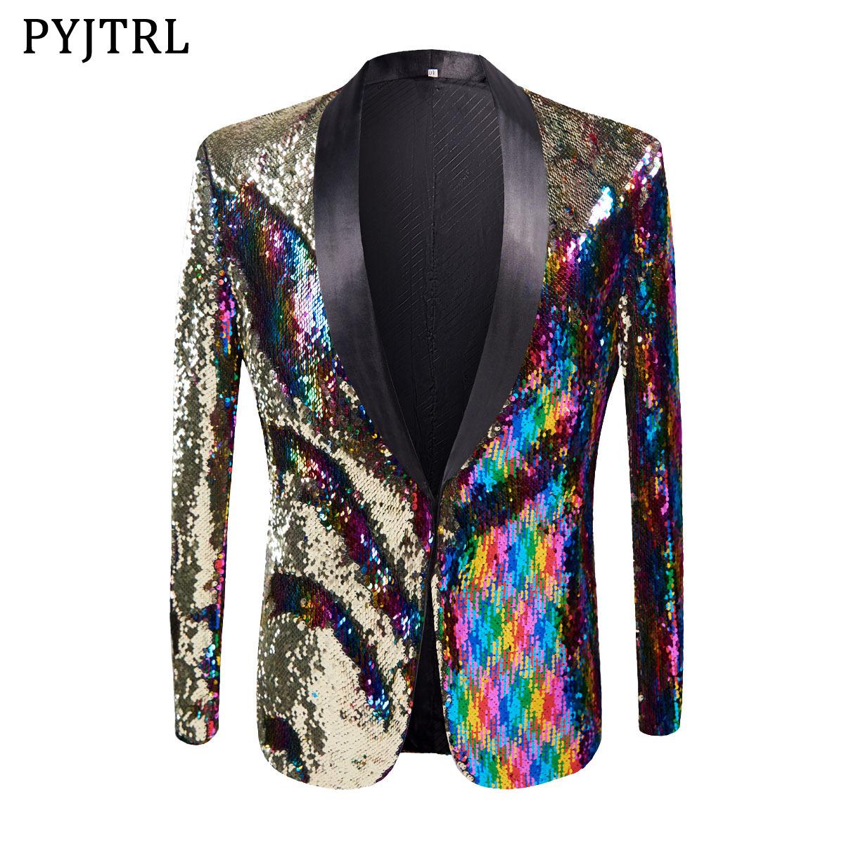 Mens Colorful Gold Double-sided Sequin Suit Jacket Shiny Blazer