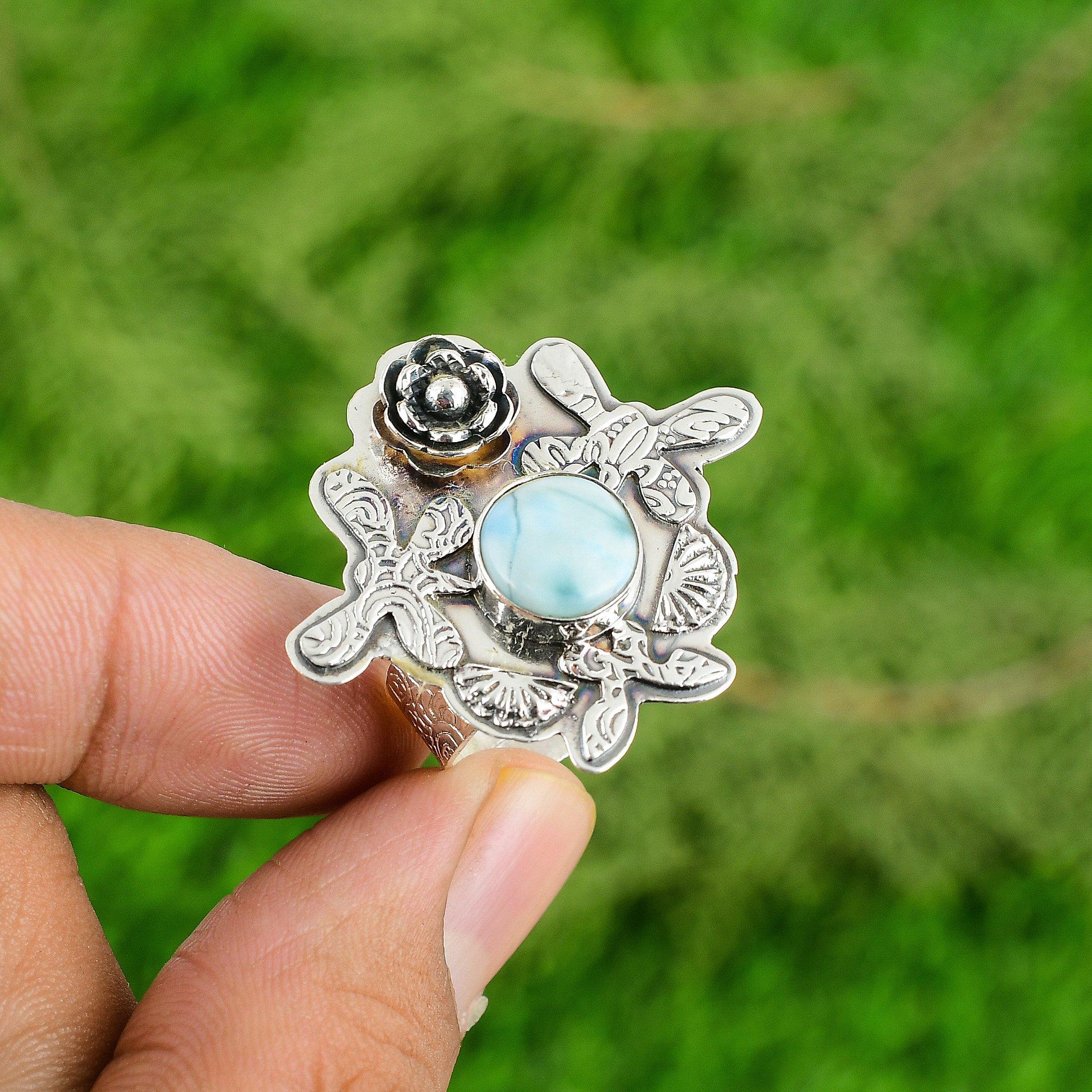 Натуральный Ларимар Драгоценный Камень Серебро 925 Пробы Кольцо Обещание Цветок Регулируемое Для Девочек