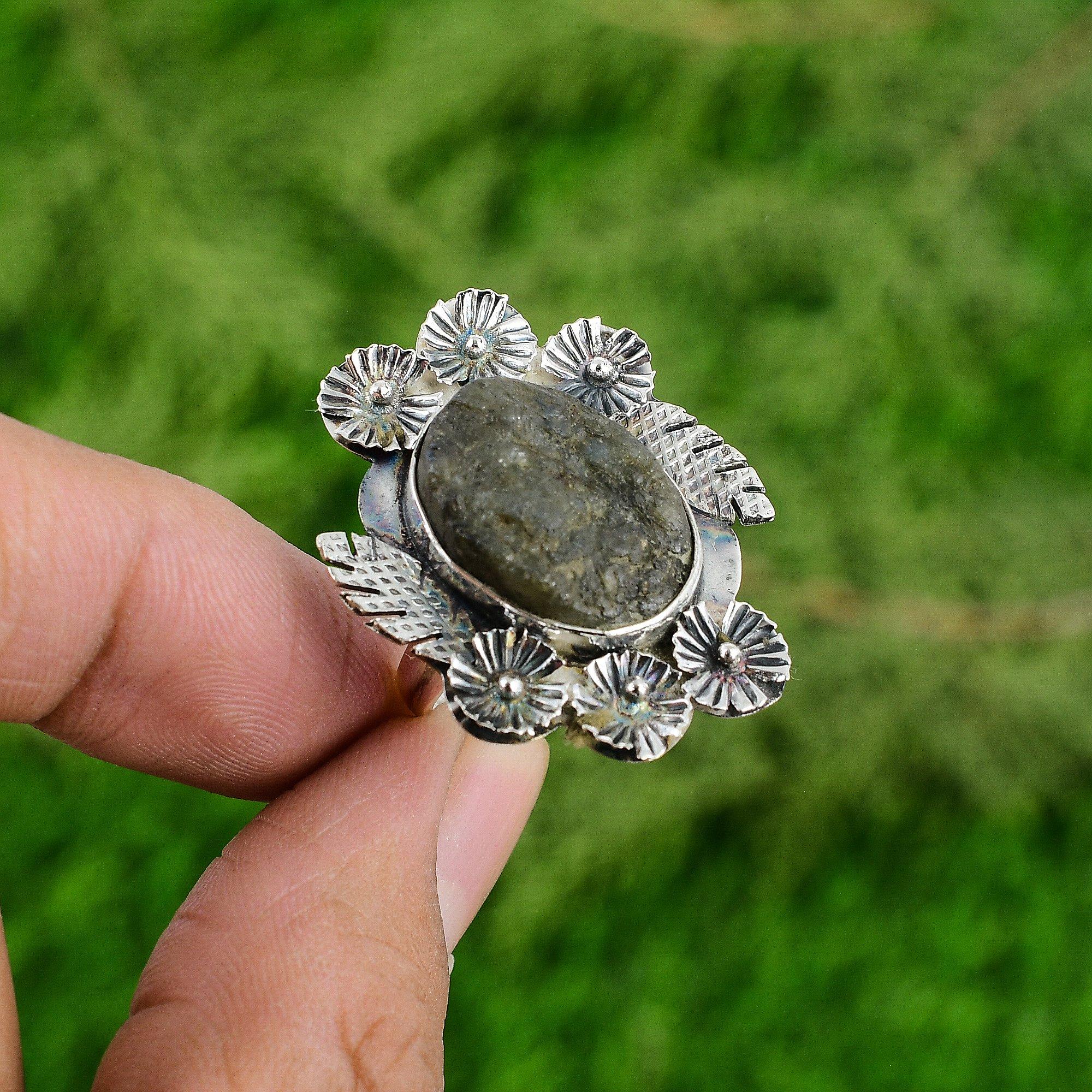 Серебро 925 пробы Натуральный лабрадорит Необработанный Штабелируемое Цветок Регулируемое кольцо