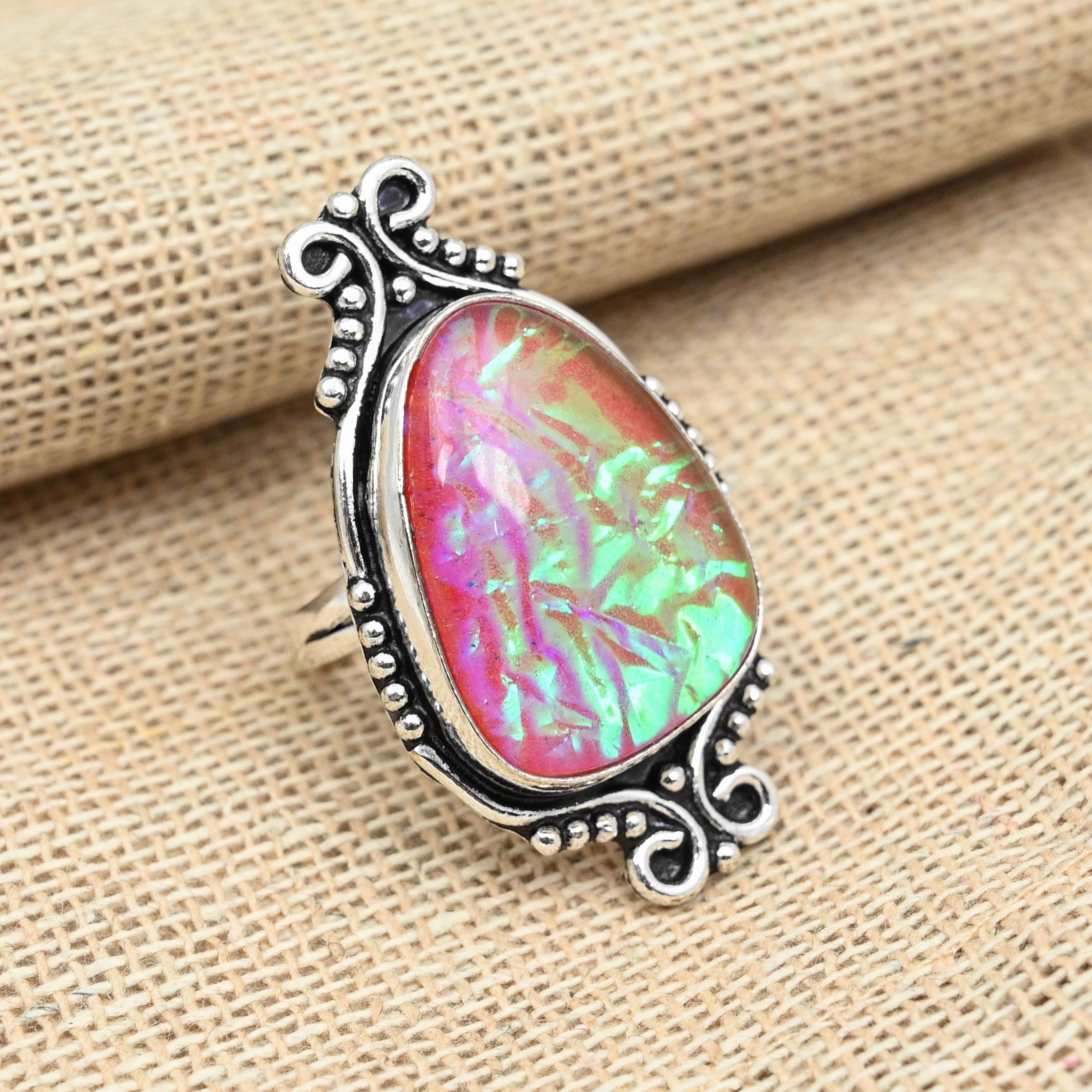 День Благодарения Розовый Тройной Опал Драгоценный Камень Твердый Стерлингового Серебра 925 Женское Кольцо Ювелирные Изделия