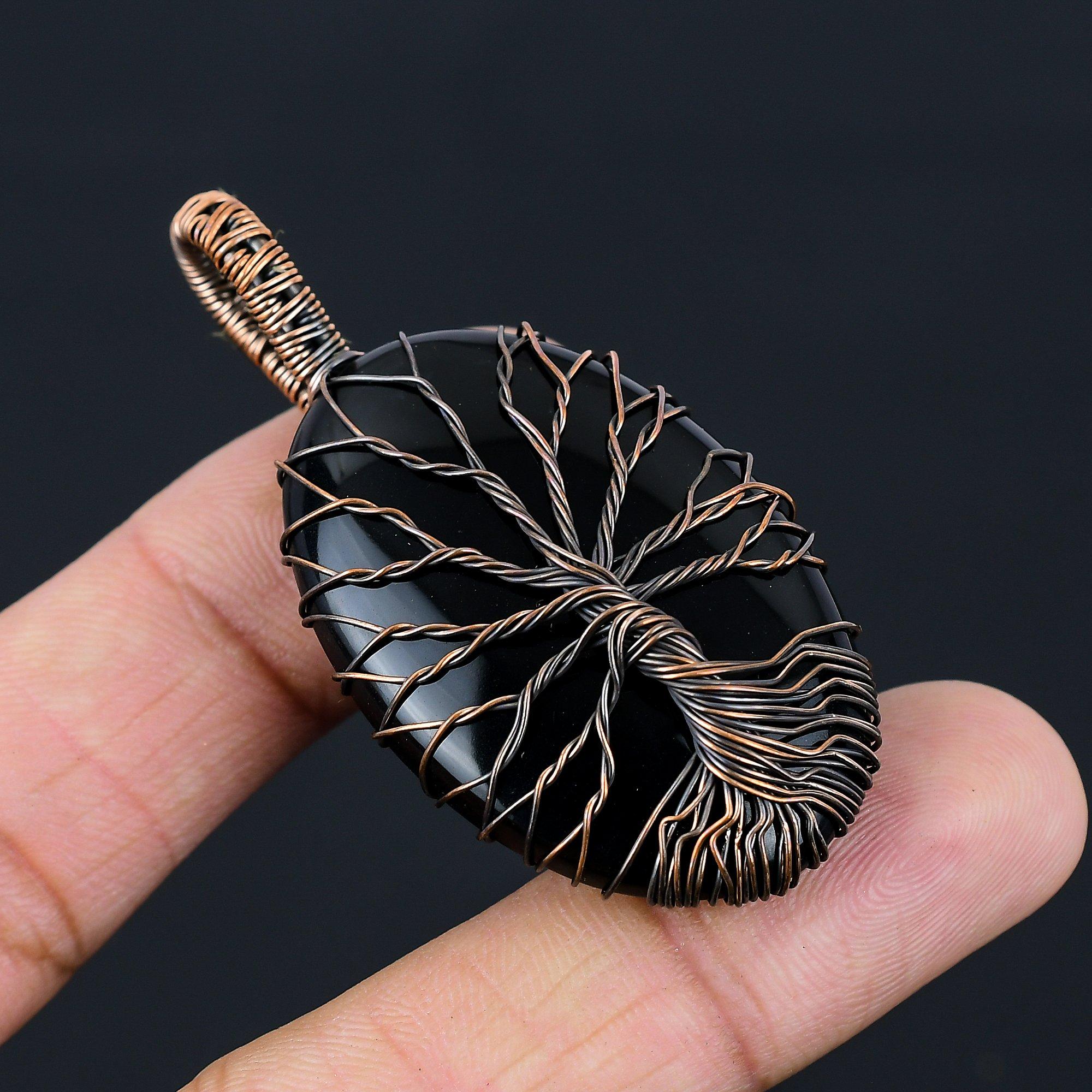 Древо жизни черный оникс драгоценный камень чистая медная проволока обернутая подвеска ручной работы ювелирные изделия