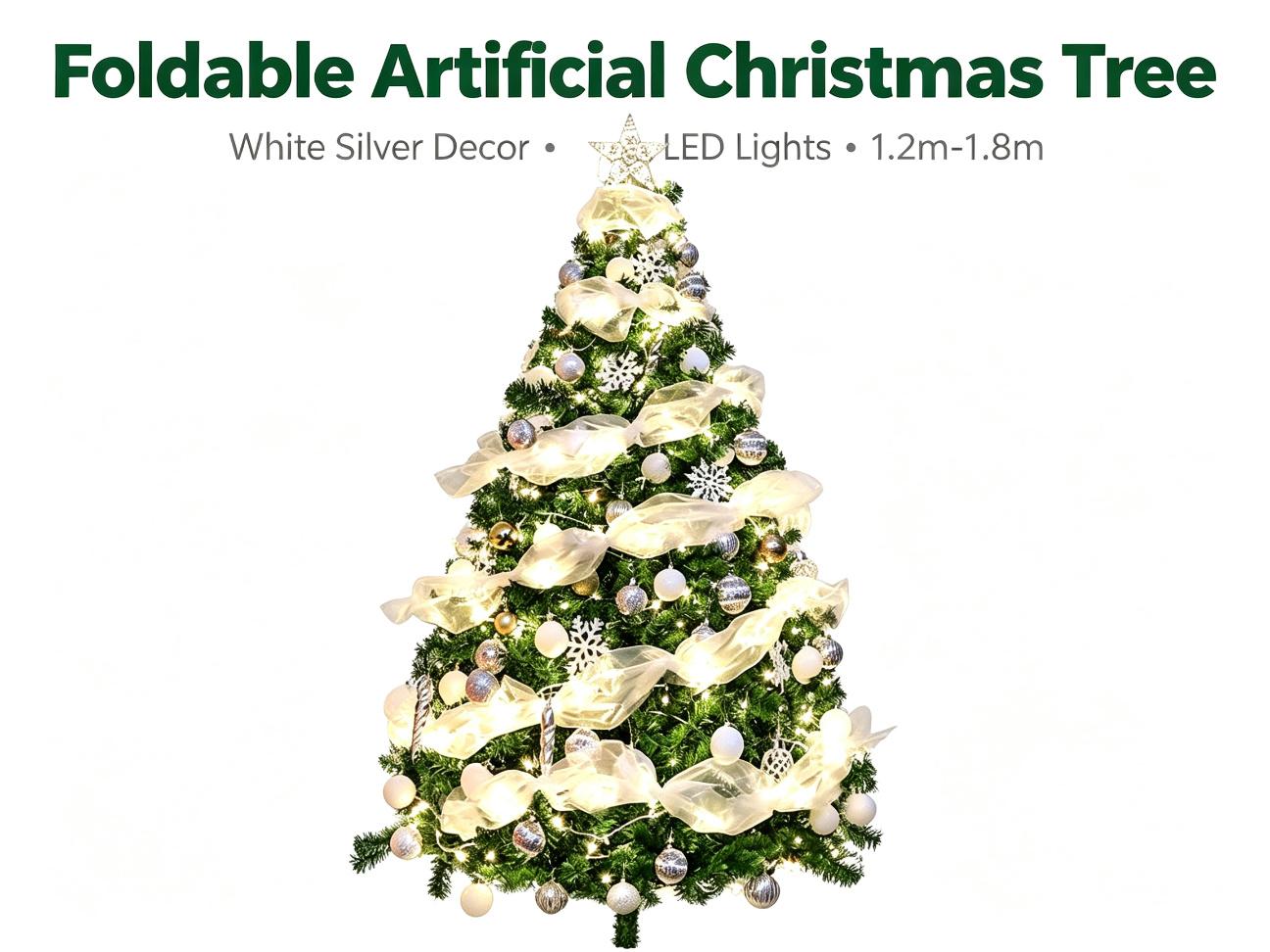 Foldable Artificial Christmas Tree Set, White Silver Decorations with LED Lights, 1.2m-1.8m Indoor Xmas Home Ornament