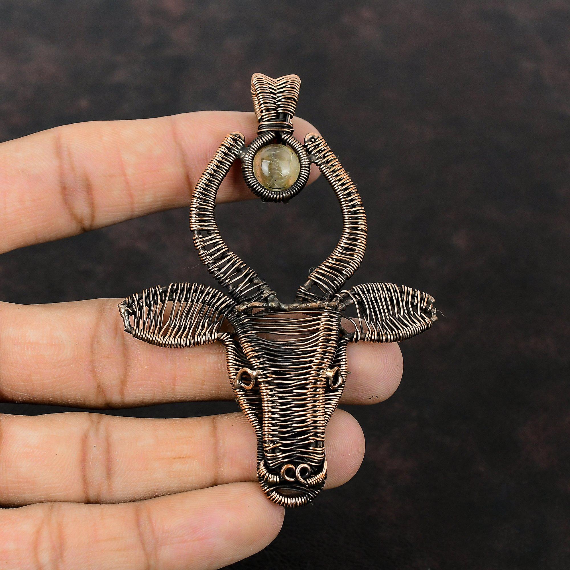 Подвеска из золотого рутила, подвеска из медной проволоки, ювелирное изделие с драгоценными камнями, подвеска ручной работы, антикварная медная бижутерия, подвеска в виде головы быка, подарок на помолвку