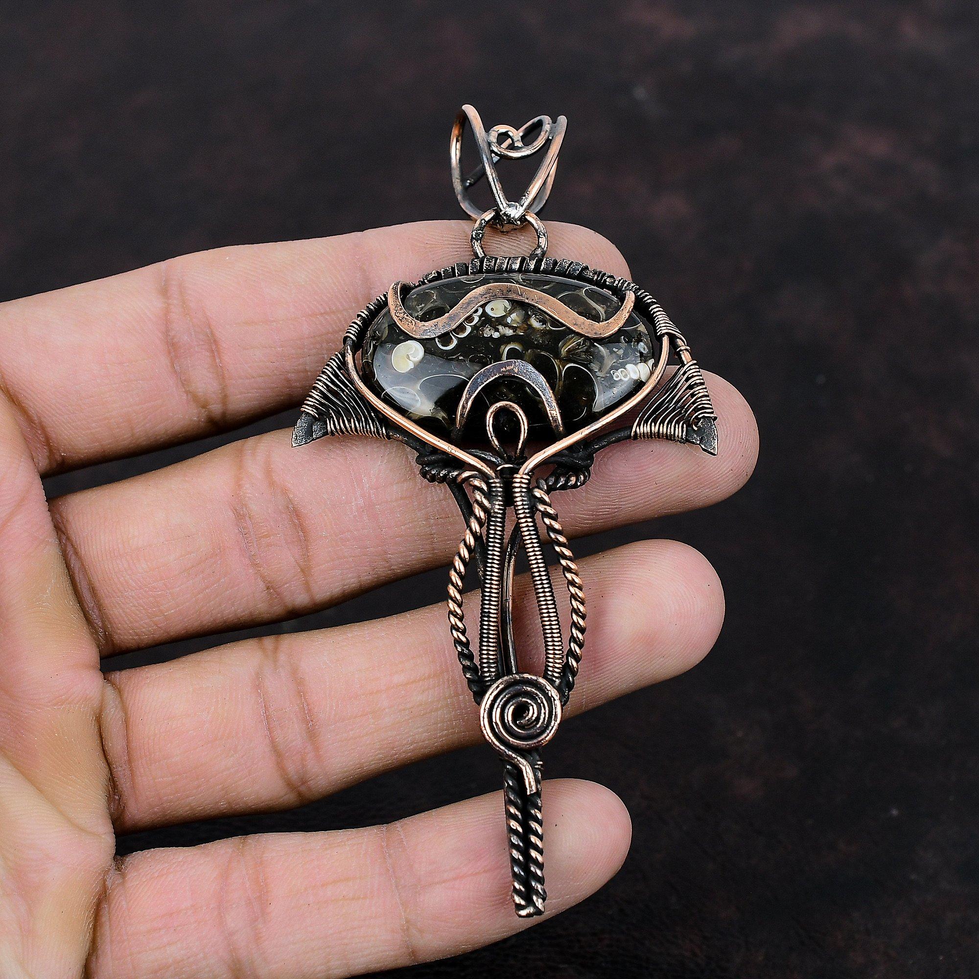 Подвеска из агата туррителлы, обернутая медной проволокой, подвеска из драгоценного камня, украшения из агата туррителлы, ручная работа, подвеска в стиле бохо, медные украшения, подарок на годовщину