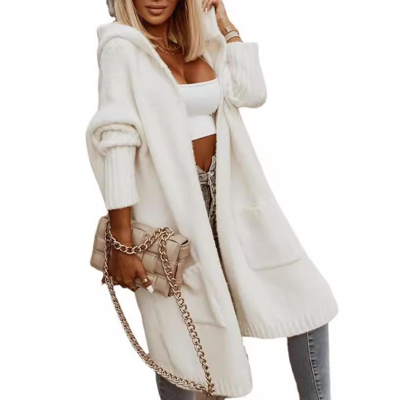 Autumn and Winter Women's Sweater Cardigan Lapel Hooded Long Letter Loose No Buttons Knit Cardigan