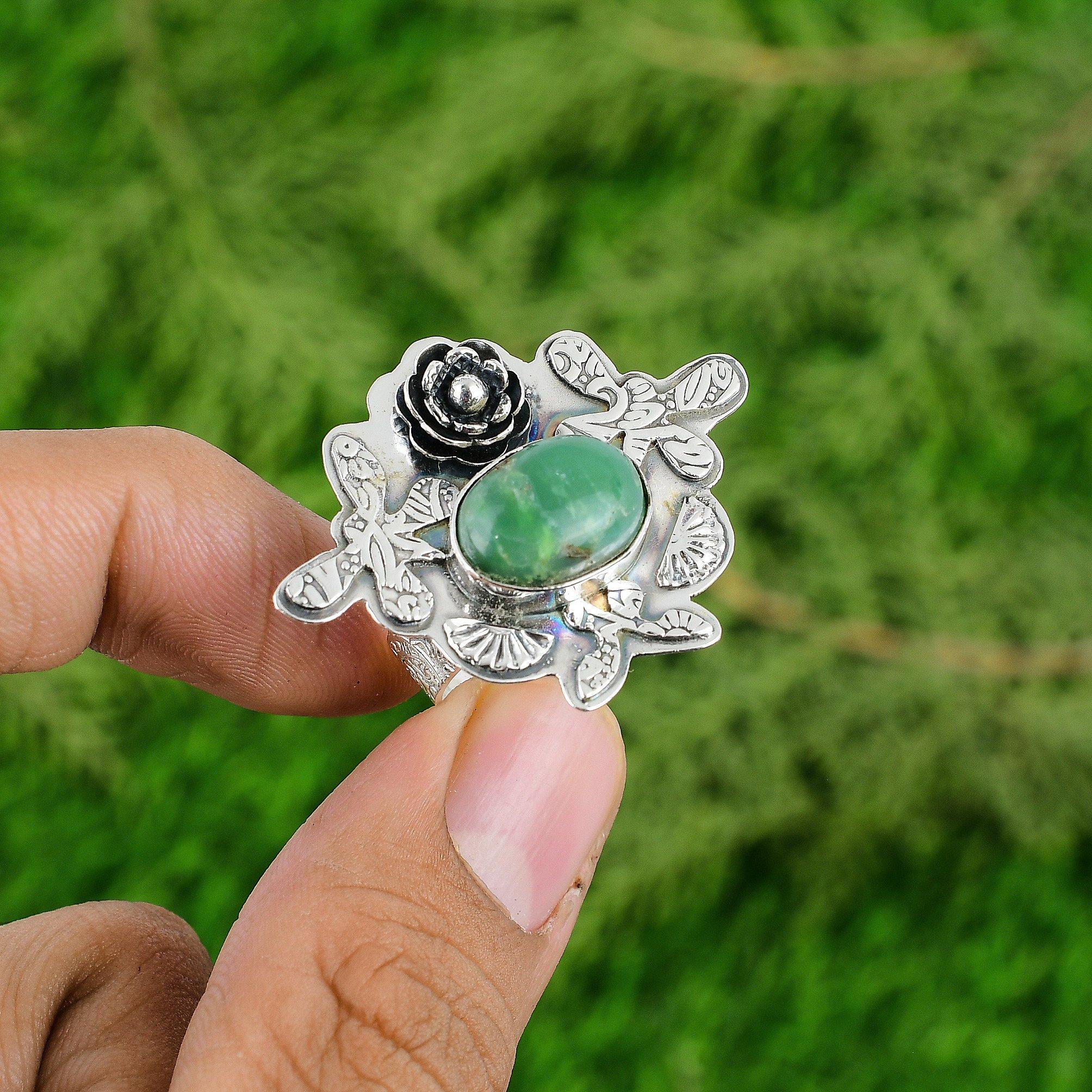 Oval Chrysoprase Gemstone Sterling Silver Solitaire Flower Daughter Ring Jewelry