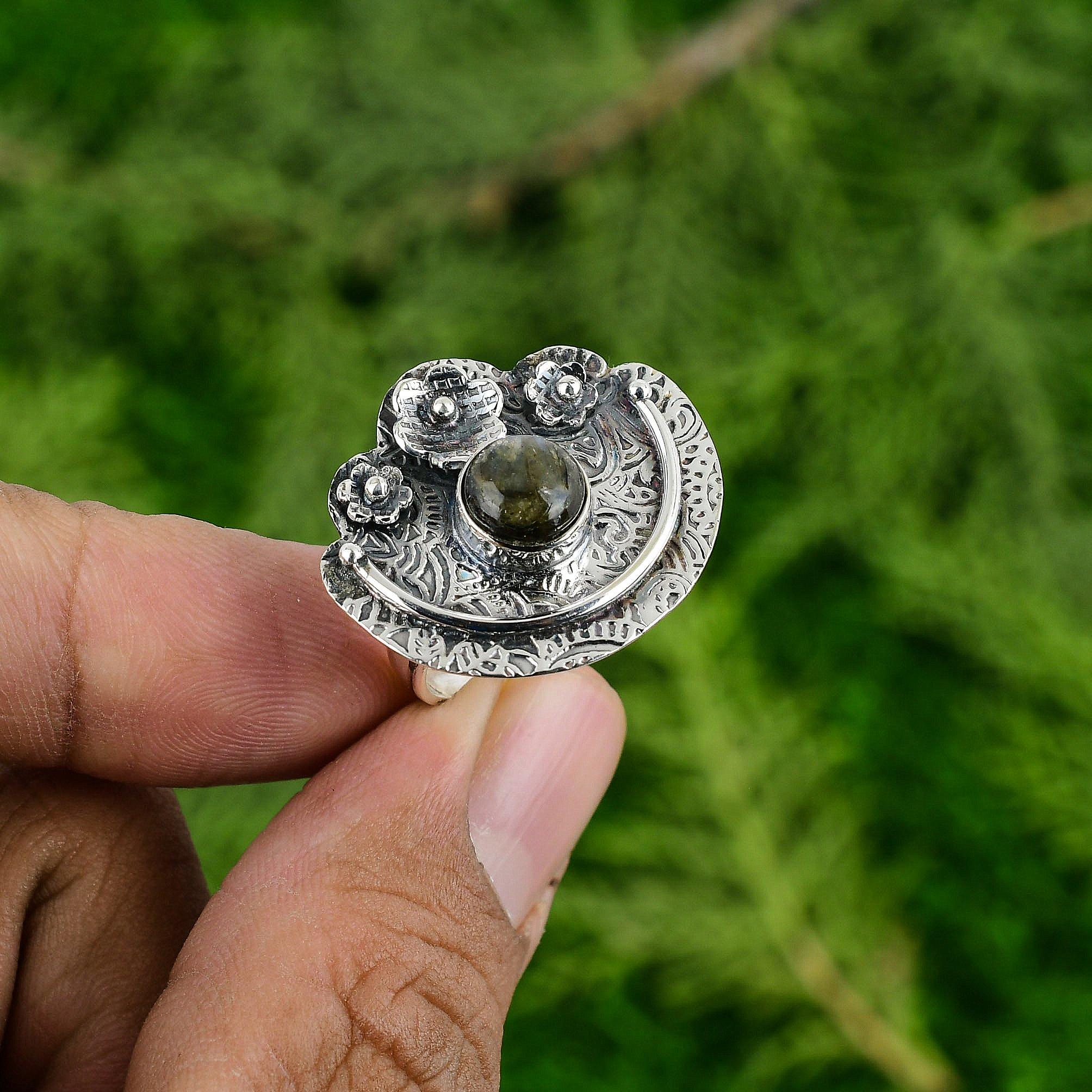 Natural Labradorite Gemstone Promise Flower Adjustable Ring 925 Silver For Girls