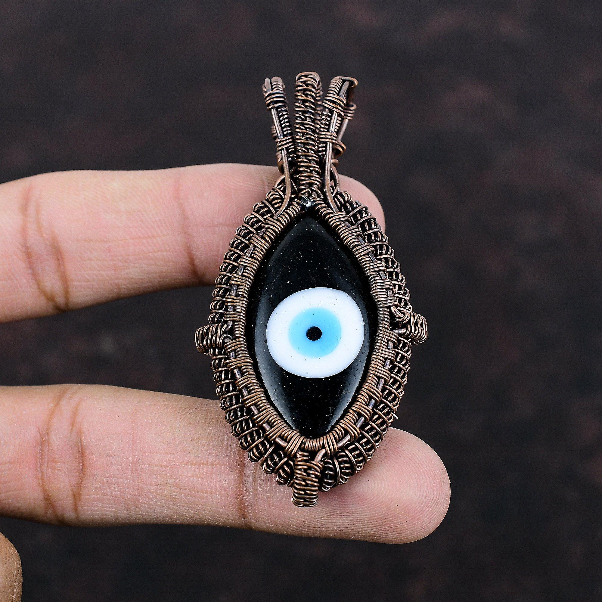 Подвеска с Глазом Фатимы черного цвета, обернутая медной проволокой, подвеска в уникальном стиле, обернутые проволокой драгоценные камни, медные украшения ручной работы для подарка