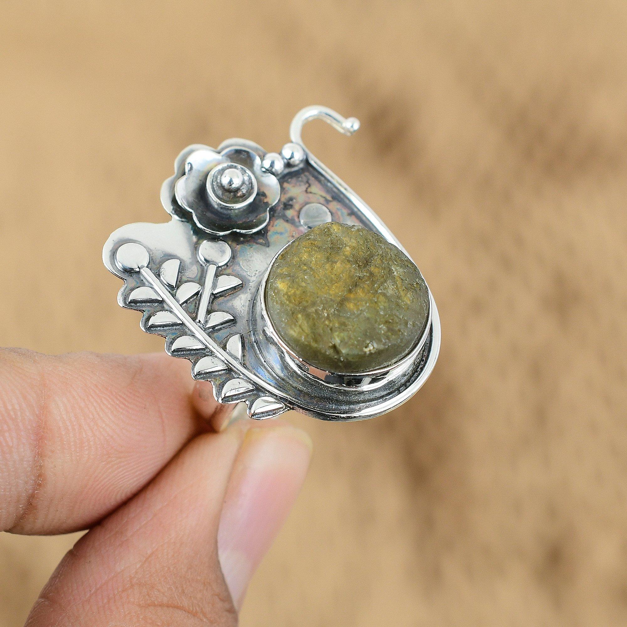 Natural Labradorite Rough Flower Adjustable Ring 925 Silver For Women