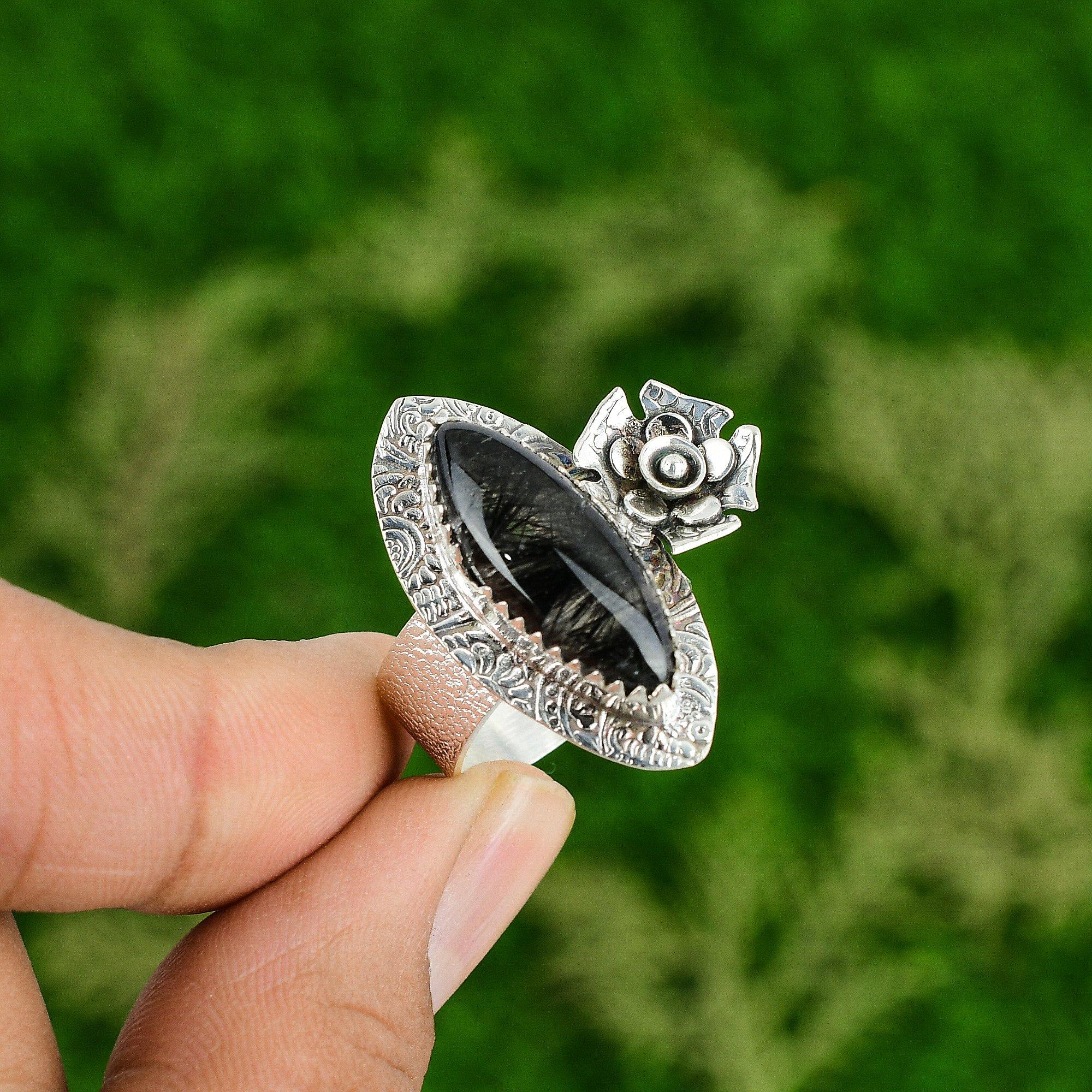 Natural Black Rutile Gemstone Promise Flower Ring Size 9.25 925 Sterling Silver