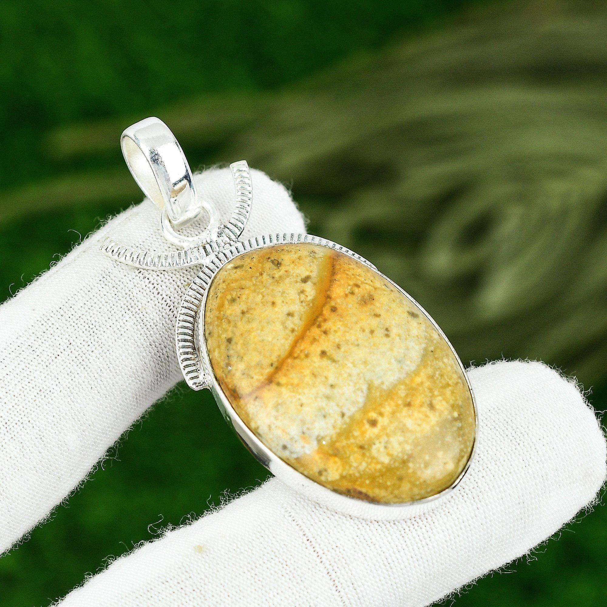 Oval Picture Jasper Gemstone 925 Silver Birthday Daughter Wedding Bezel Pendant