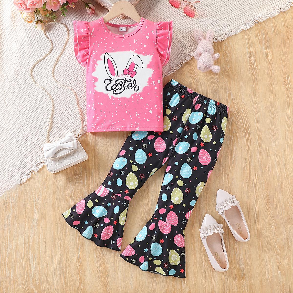 Toddler Girl Summer Outfit 1-6 Years Old Pink Rabbit Top with Black Easter Egg Print Bell Bottom Pants Cute Casual Set