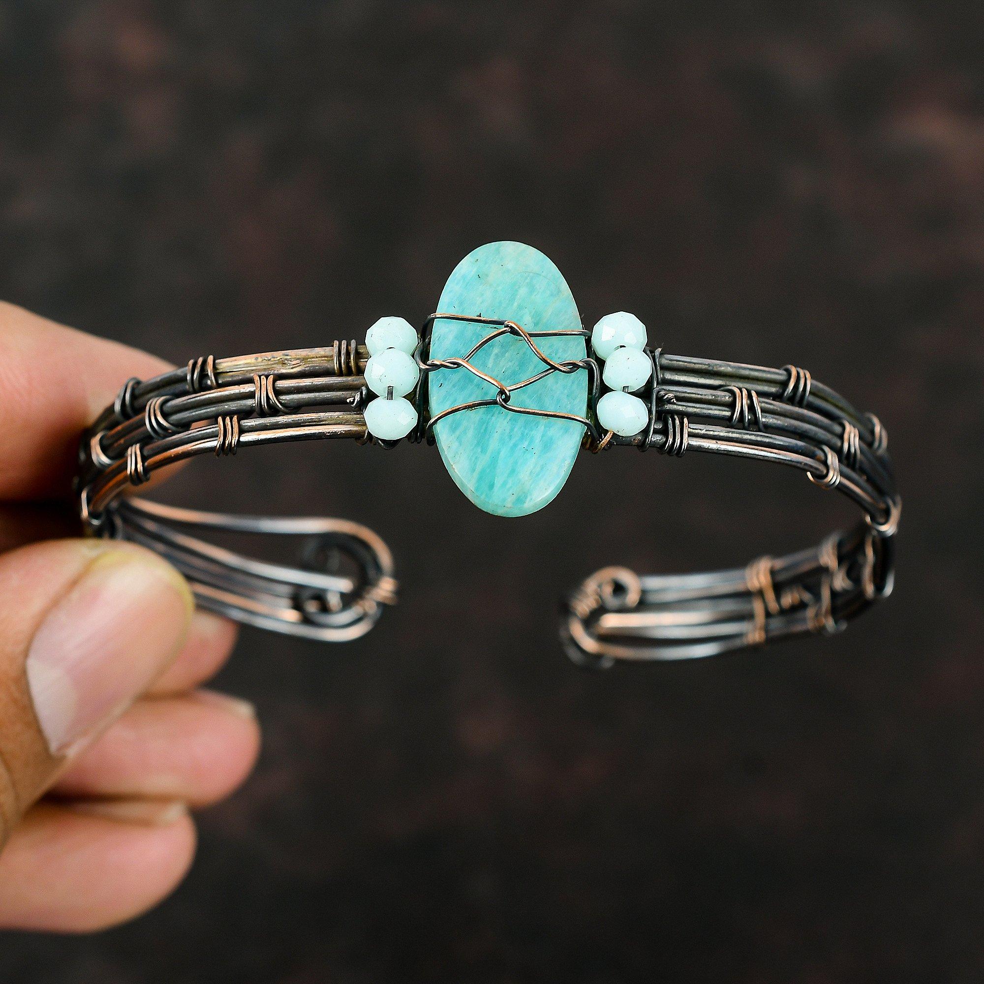 Браслет из амазонита и синего халцедона, медная проволока, обернутые ювелирные изделия, регулируемый браслет-манжета, браслет ручной работы с драгоценными камнями, рождественские подарки