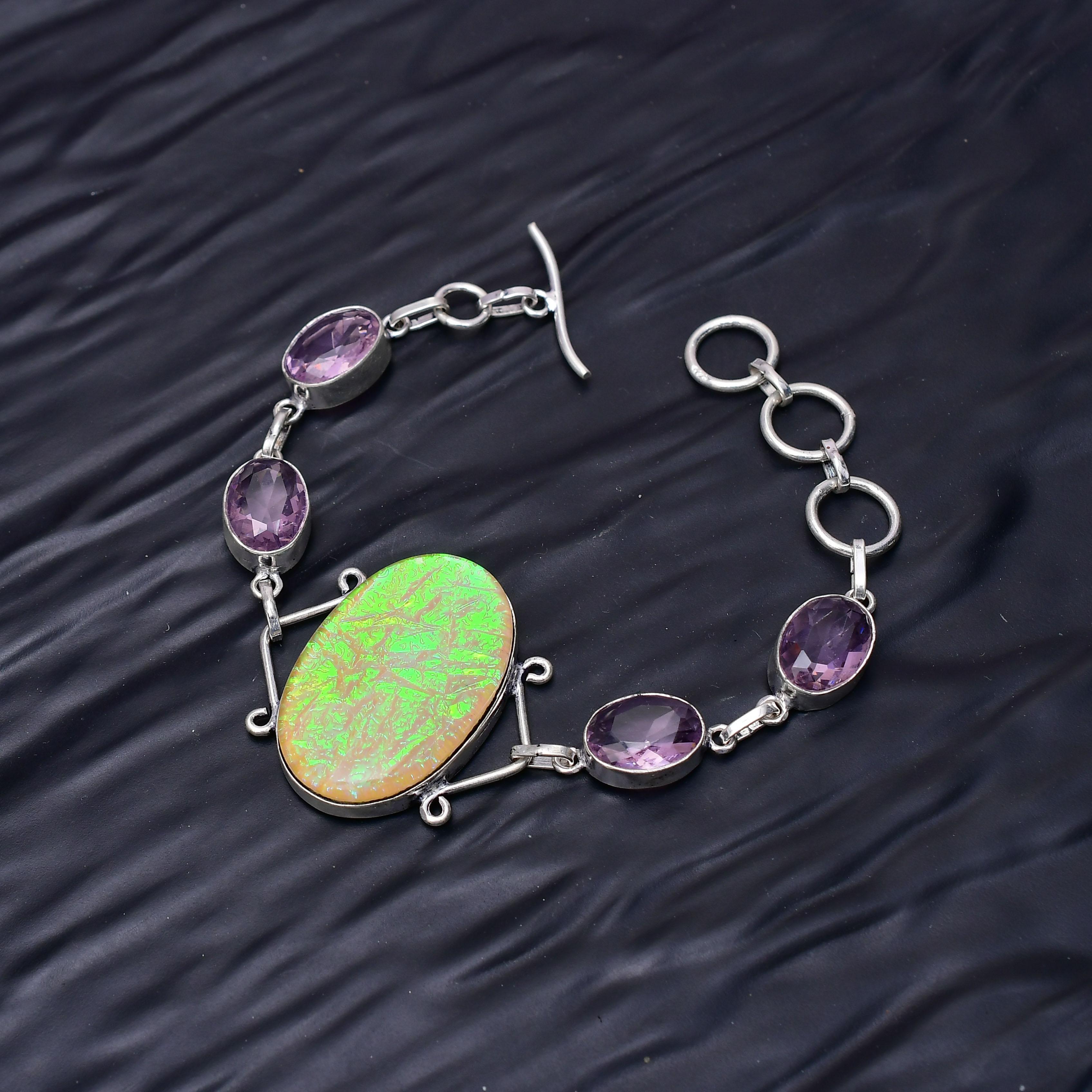 Triplet Opal & Pink Kunzite Gemstone : 925 Sterling Silver Handmade Multi Gemstone Bracelet Jewelry