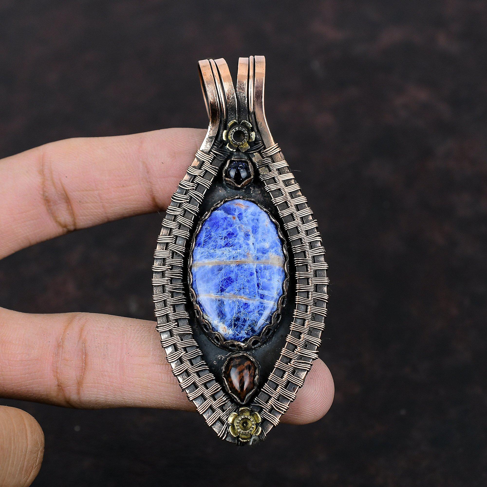 Sodalite Gemstone Pendant Copper Wire Wrapped Pendant Mahogany Obsidian And Blue Sunstone Pendant Handmade Copper Jewelry Pendant For Women