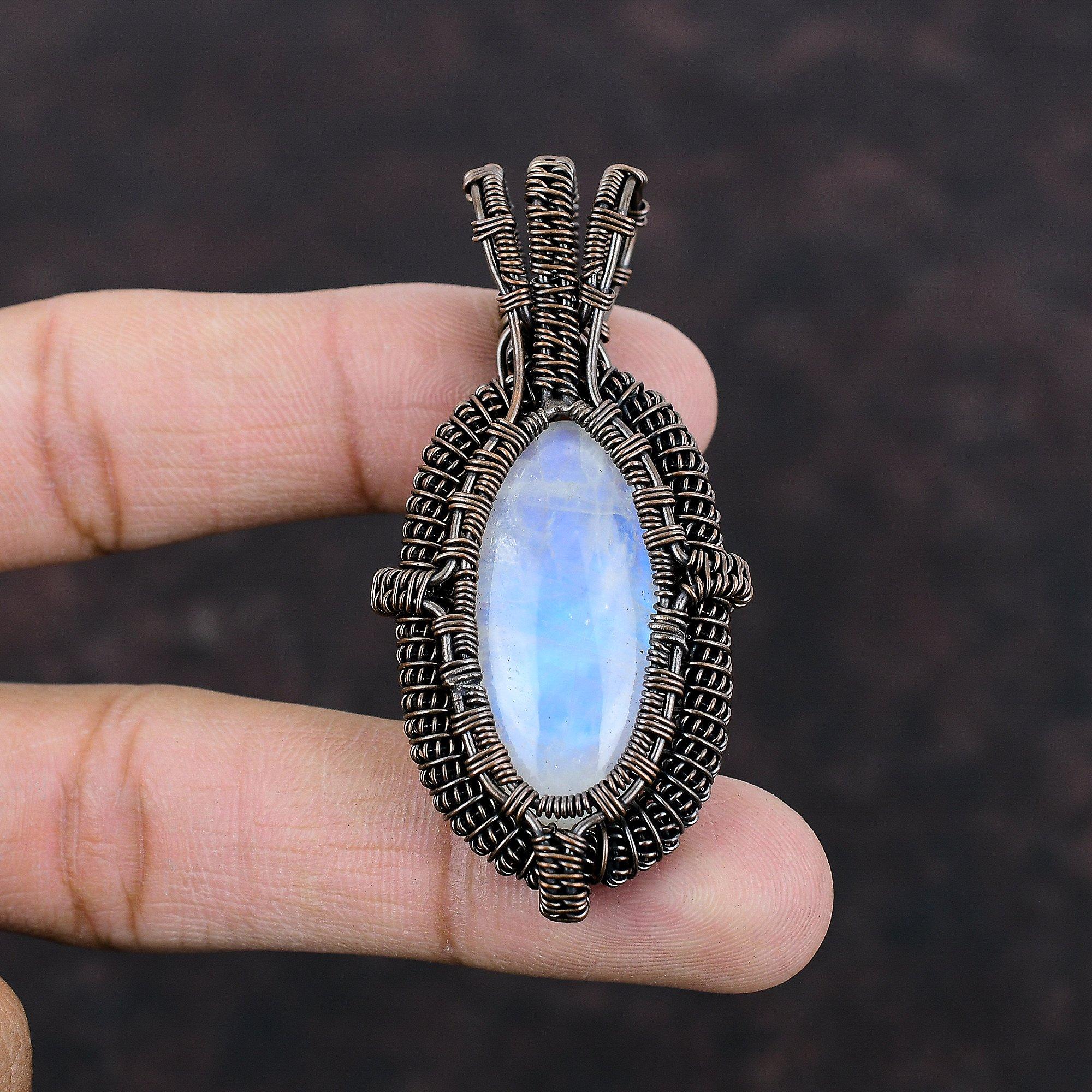 Радужный кулон с лунным камнем, медная проволока, кулон, ювелирные изделия из драгоценных камней высшего качества, кулон ручной работы, удивительный медный ювелирный кулон для подарка