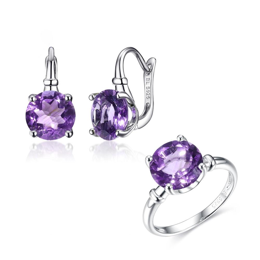 New 925 Sterling Silver Natural Amethyst Jewelry Sets English Clasp Earrings Ring 10.0mm Gemstone for Women