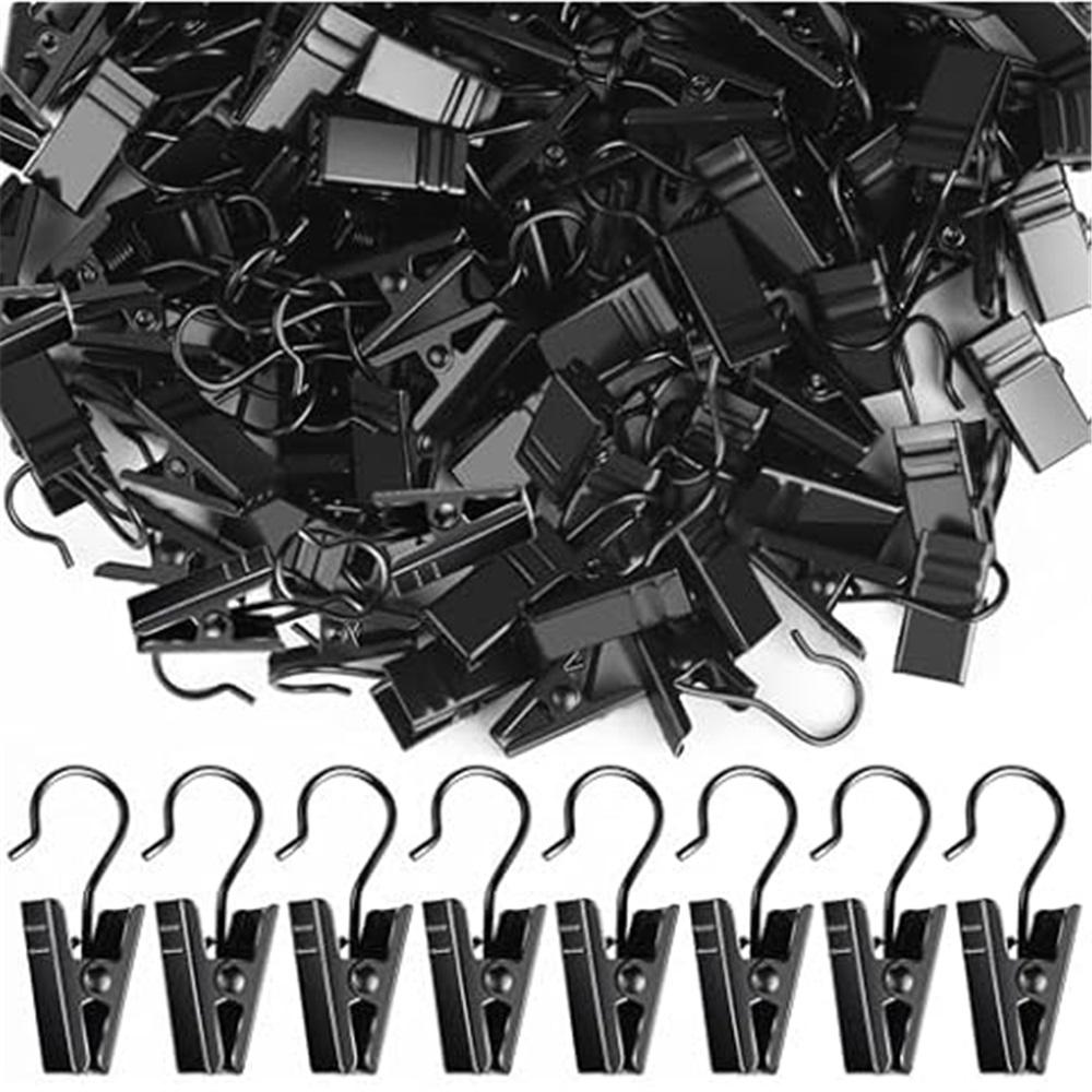 Small Curtain Clips for Hanging - 100 Black Outdoor Light Clip Hooks for Christmas Light Strings, Outdoor Hooks for Awning Patio