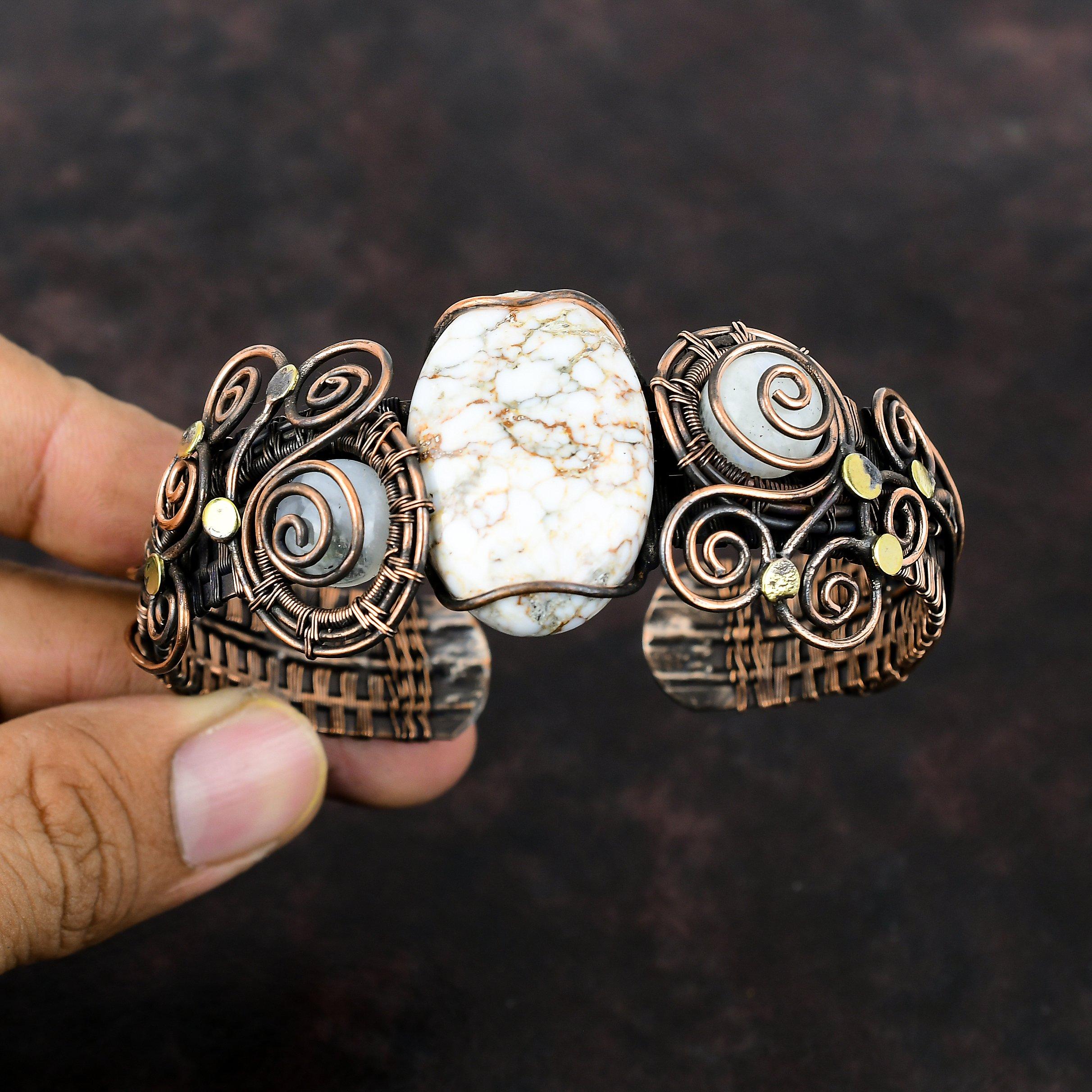 Браслет-манжета из магнезита с дикой лошадью, браслет-манжета с радужным лунным камнем, медная проволока, регулируемый браслет, браслет ручной работы с драгоценными камнями, медные украшения