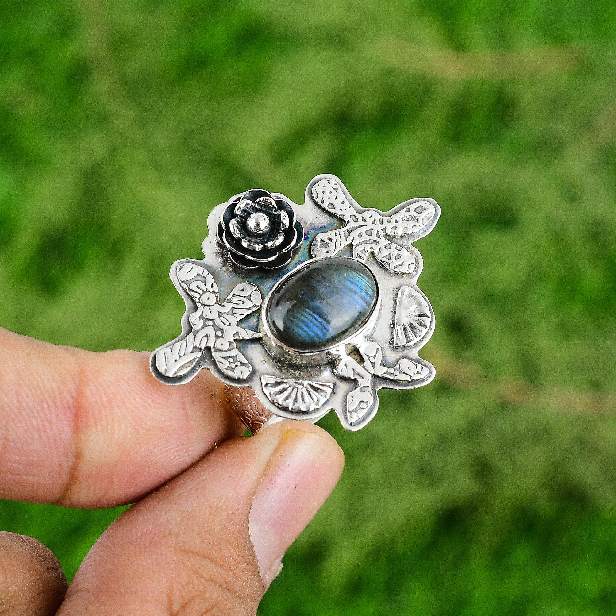 Natural Labradorite 925 Silver Multi Stone Flower Adjustable Ring For Women
