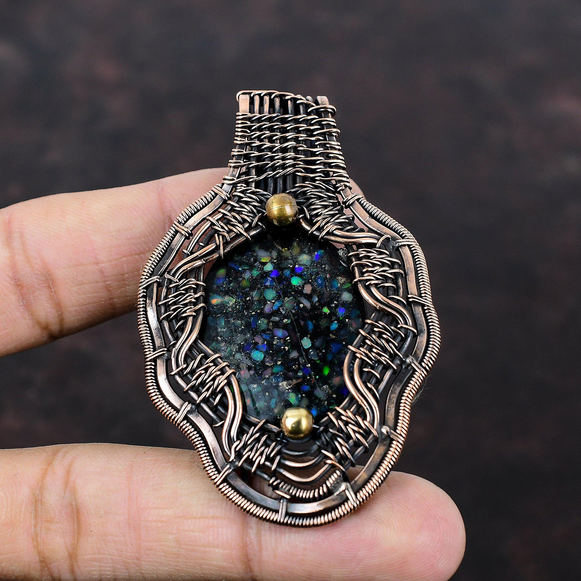 Кулон с черным эфиопским опалом, кулон из медной проволоки, медные украшения ручной работы, оригинальный кулон с драгоценным камнем, ювелирные изделия из проволочной обмотки, подарок на помолвку