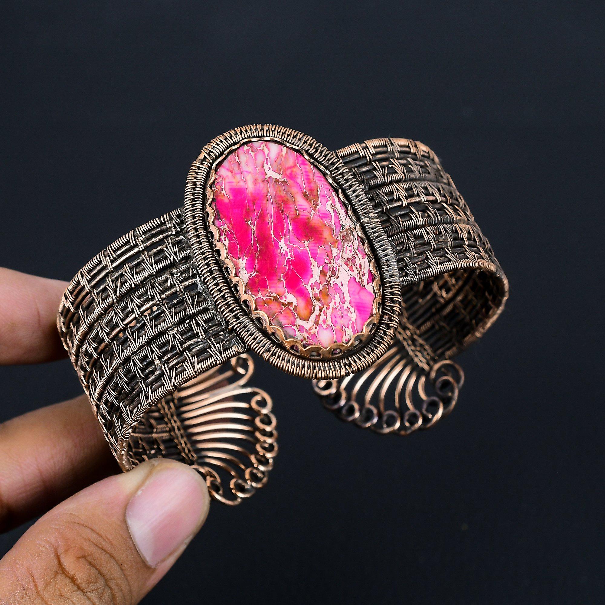 Розовый морской осадок, драгоценный камень, чистая медная проволока, манжеты ручной работы/браслет, регулируемые ювелирные изделия