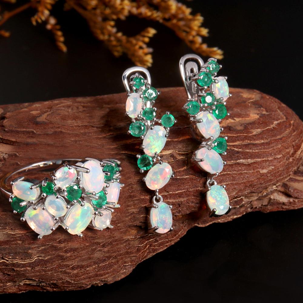 New Design Fancy Opal Emerald Jewelry Set Natural Gemstone 925 Sterling Silver Ring Clasp Earring Women Nice Gift